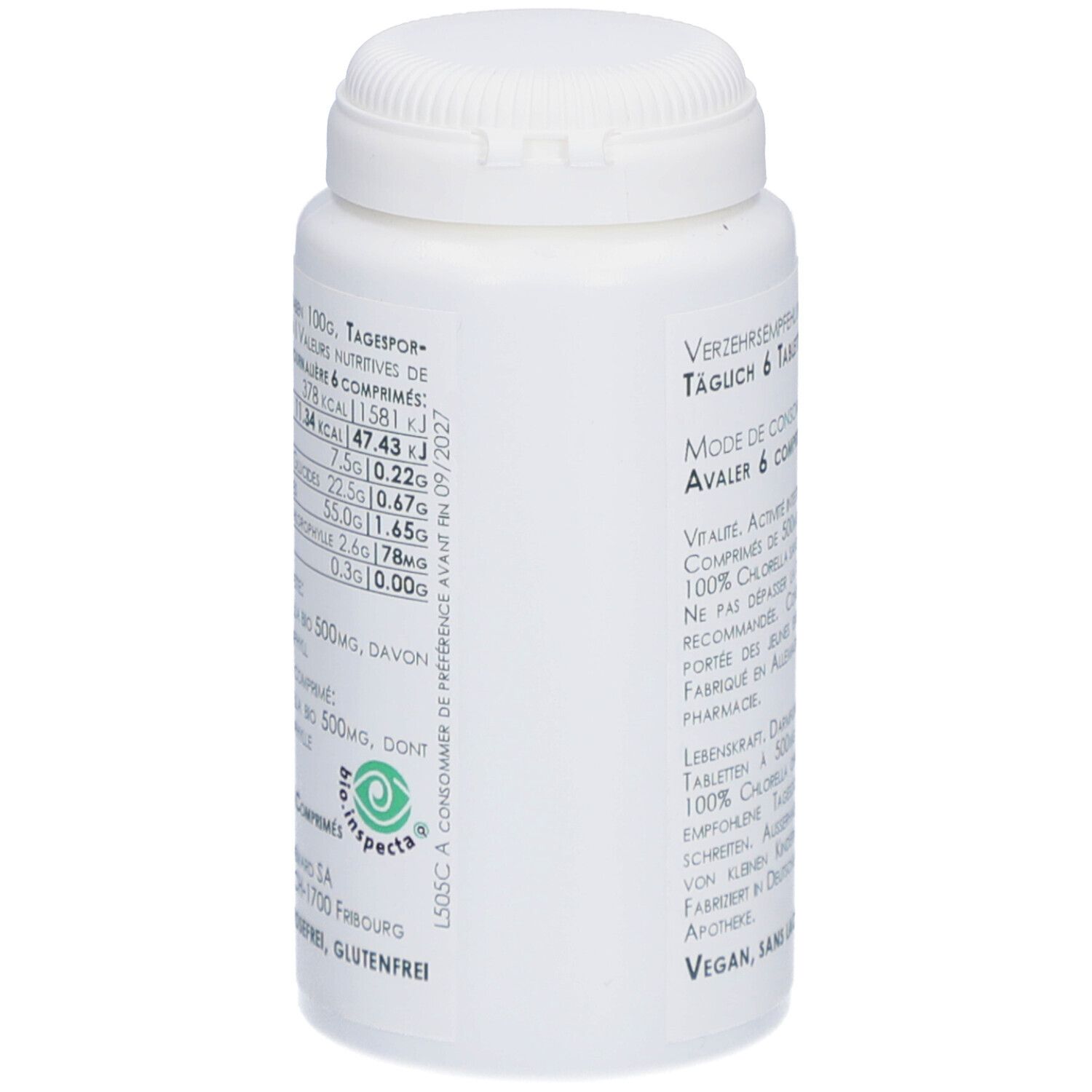 Weiße Flasche mit Text und Nährwertangaben. Logo: Bio Inspecta. Vegan, laktosefrei, glutenfrei.