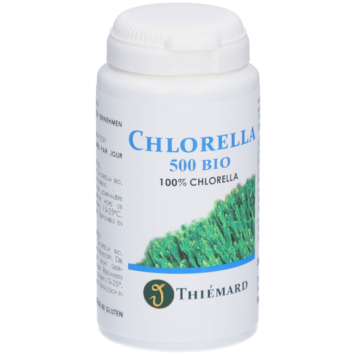 Weiße Flasche mit blauem Etikett. Aufschrift: Chlorella 500 BIO, 100% Chlorella. Logo: Thiemard.