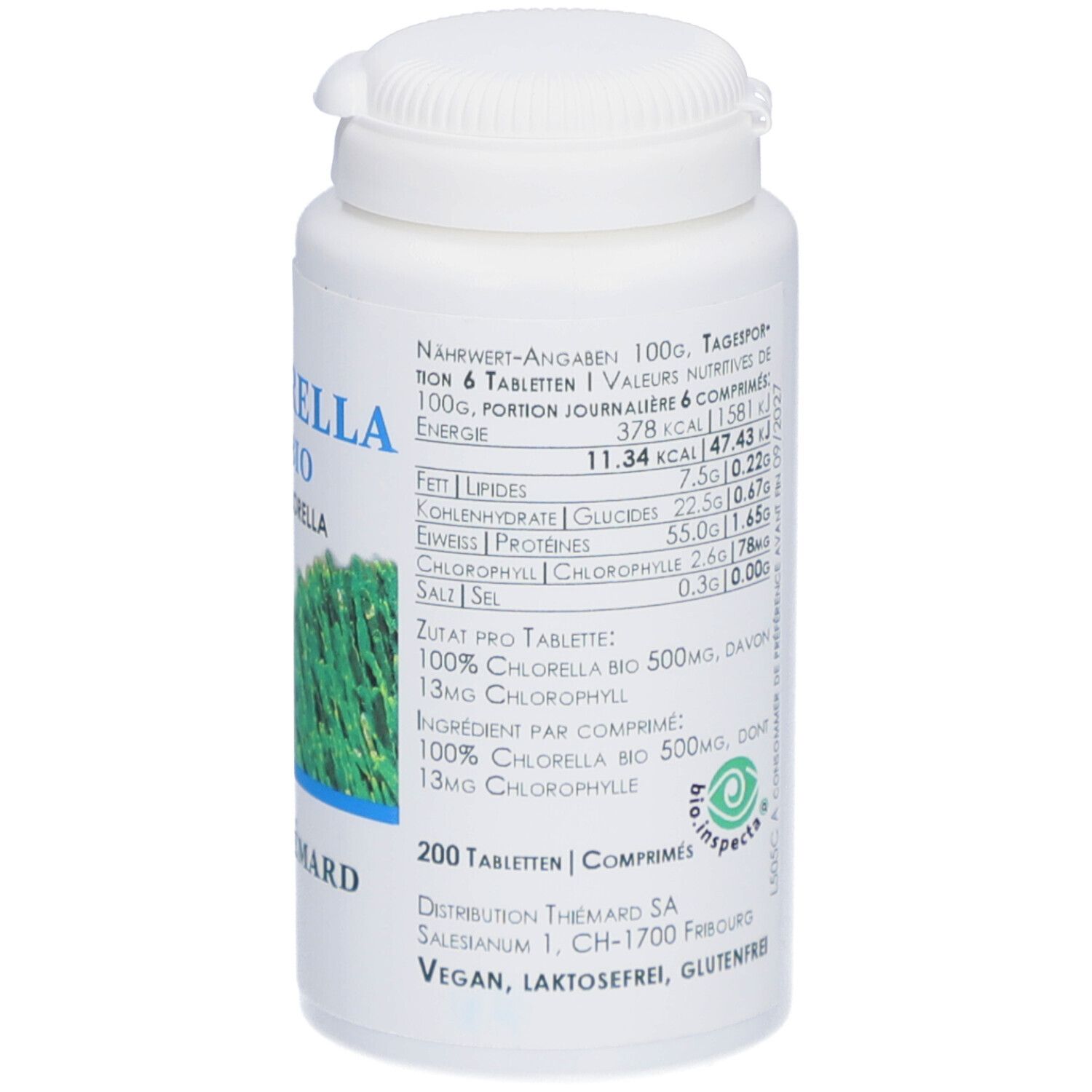 Weiße Flasche mit Text und Nährwertangaben. Logo: Bio Inspecta. 200 Tabletten. Vegan, laktosefrei, glutenfrei.