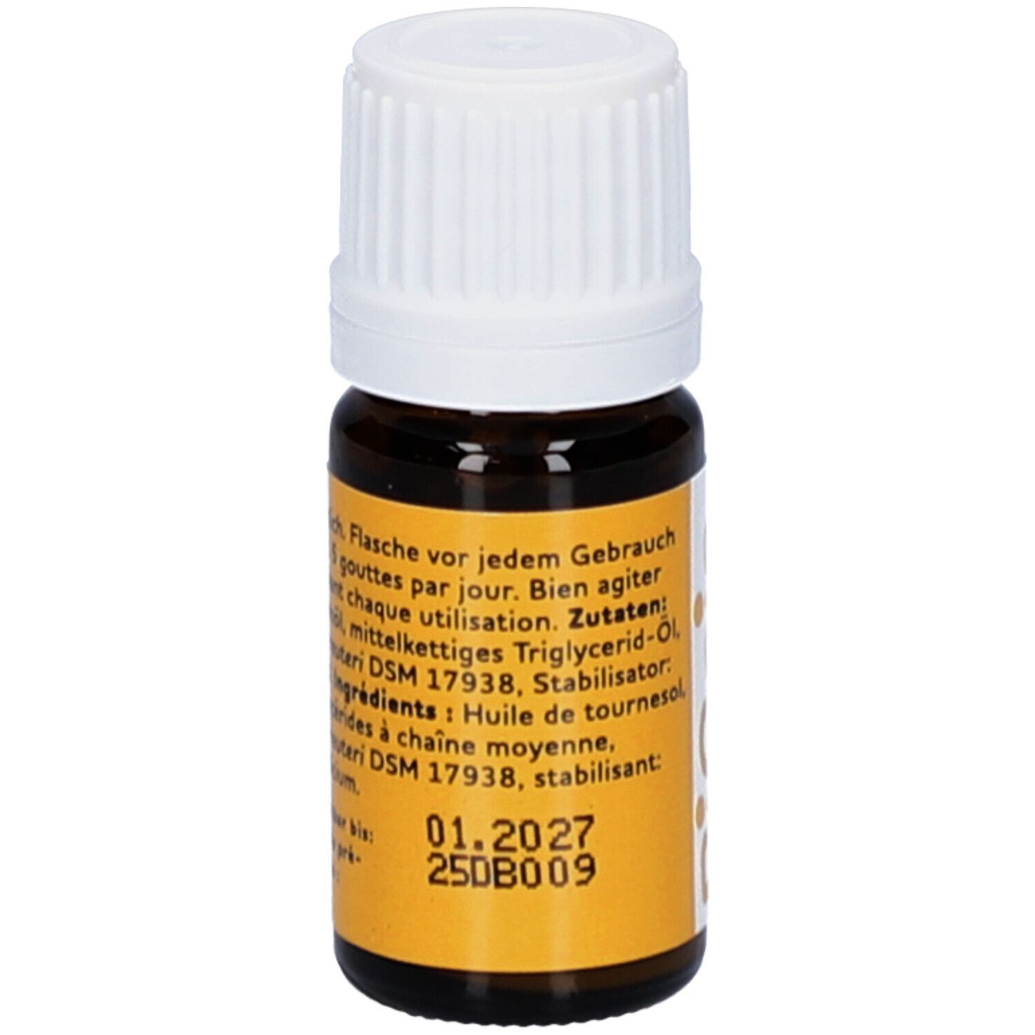 Braune Glasflasche mit weißem Deckel. Gelbes Etikett mit Text und Datumsangabe.