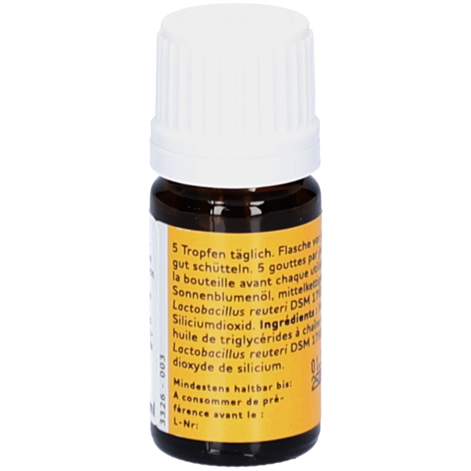 Braune Glasflasche mit weißem Deckel. Gelbes Etikett mit Text. Kleinkind-Symbol.