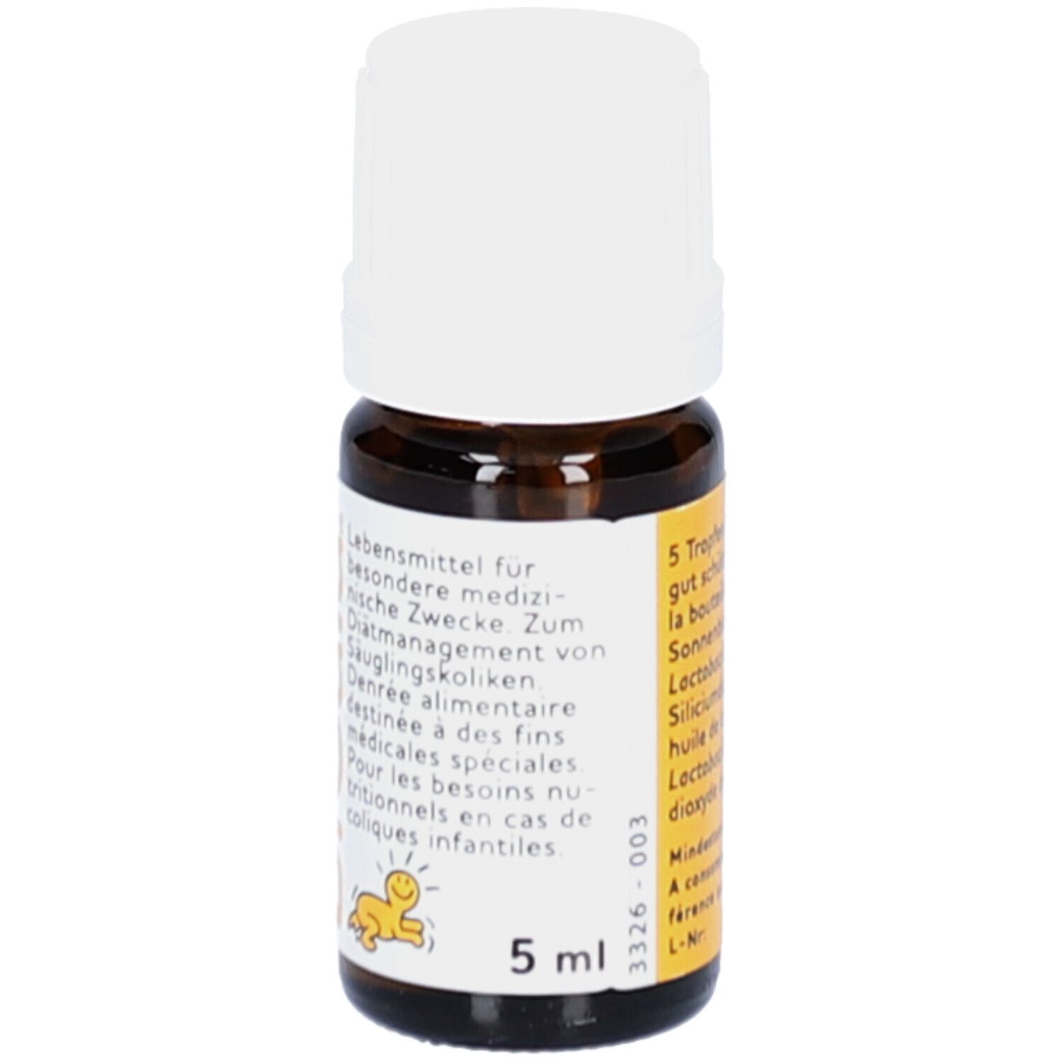 Braune Glasflasche mit weißem Deckel. Gelbes Etikett mit Text und 5 ml Angabe. Kleinkind-Symbol.