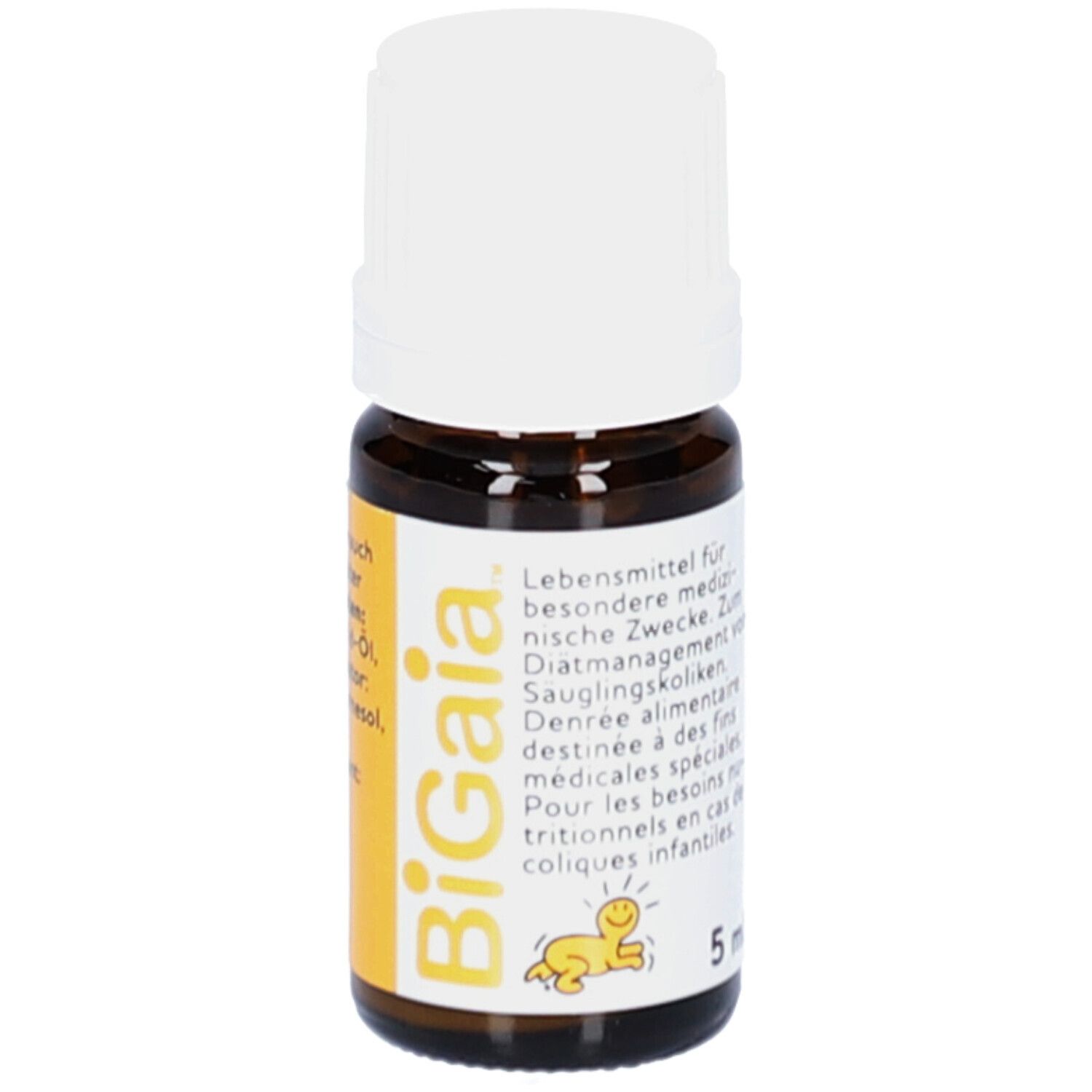 Braune Glasflasche mit weißem Deckel. Gelbes Etikett mit Produktnamen und 5 ml Angabe. Kleinkind-Symbol.
