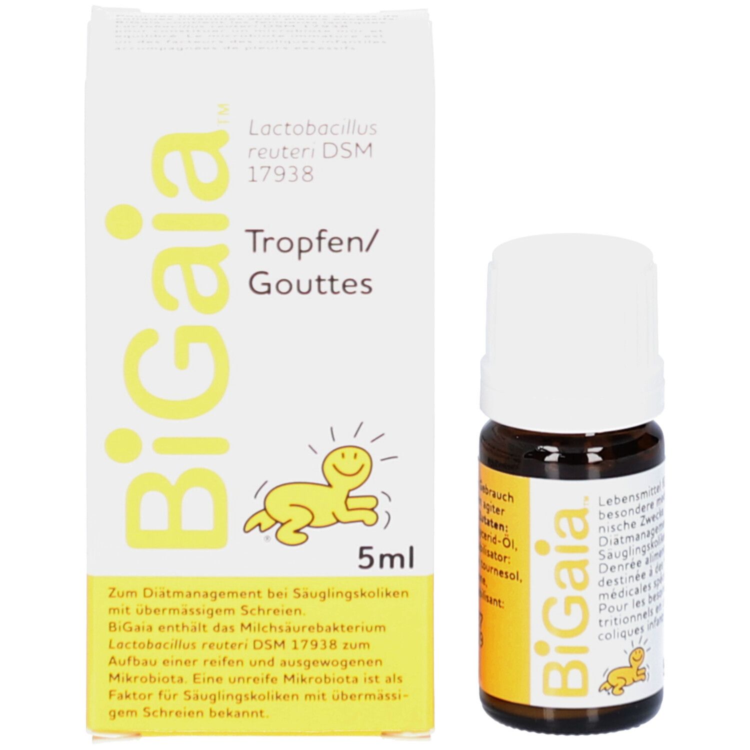 Produktflasche und Verpackung. Flasche braun, weißer Deckel. Verpackung weiß/gelb mit Text und Logo.