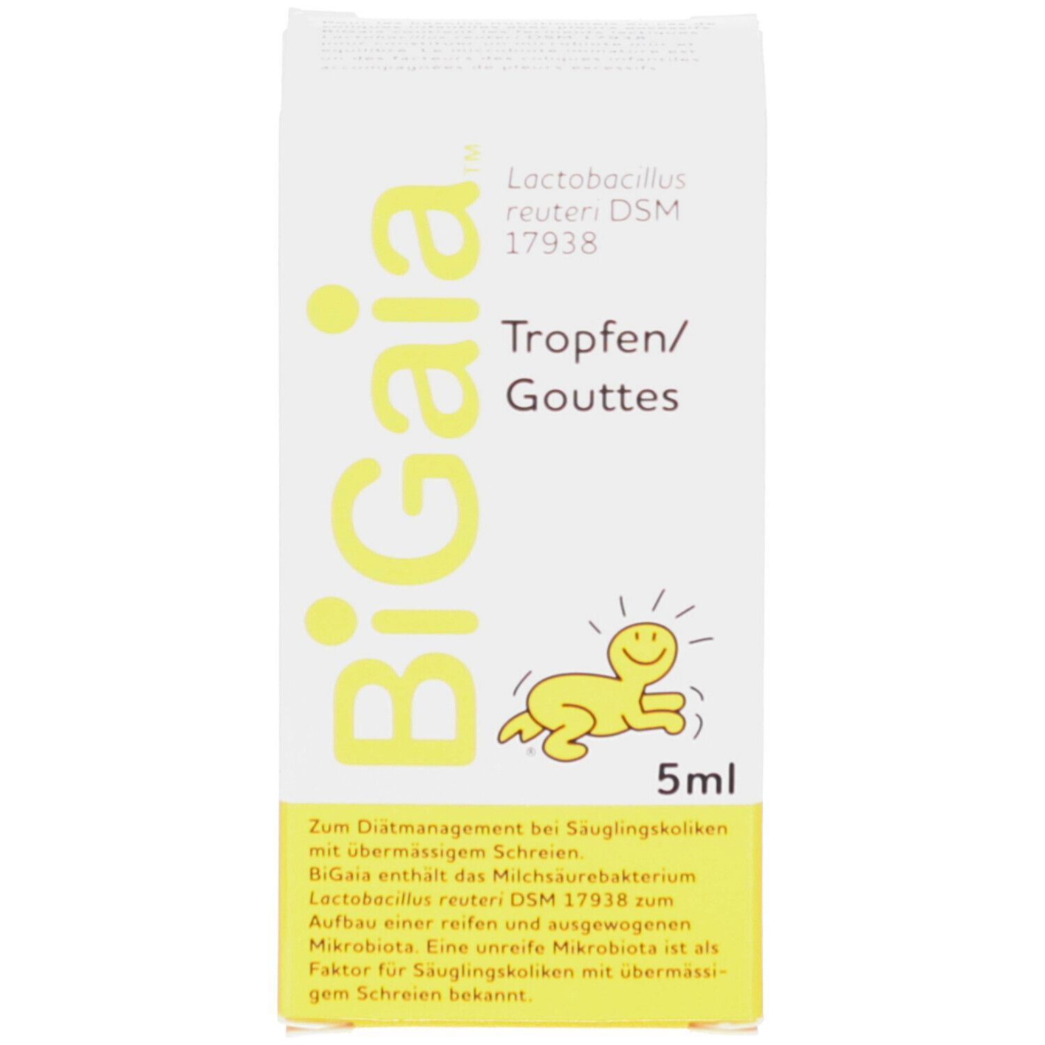 Weiße Verpackung mit gelbem Text und Logo. Kleinkind-Symbol. 5 ml Angabe.