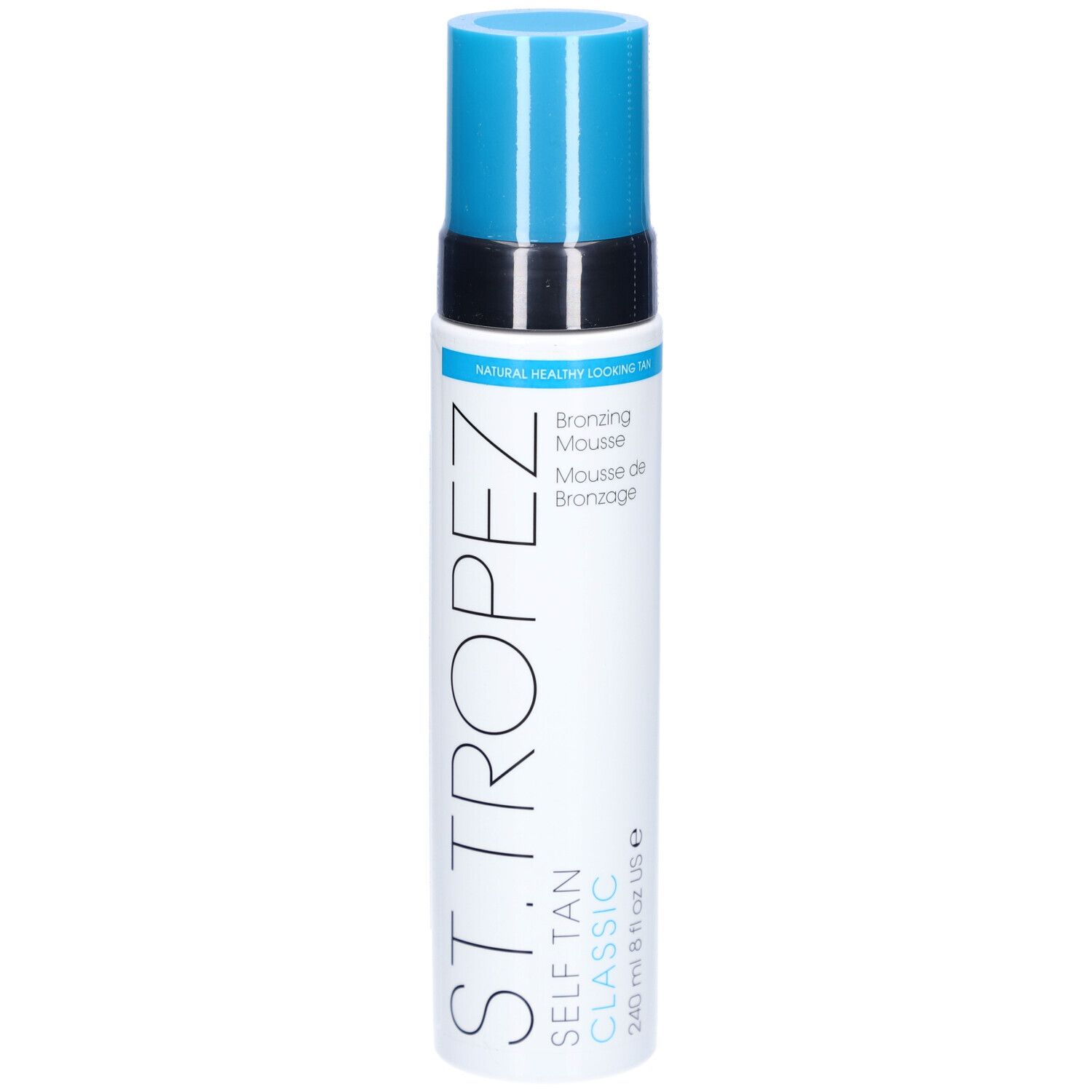 Weiß-blaue Flasche. Aufschrift: ST TROPEZ, SELF TAN CLASSIC, Bronzing Mousse. Blaue Kappe. 240 ml.