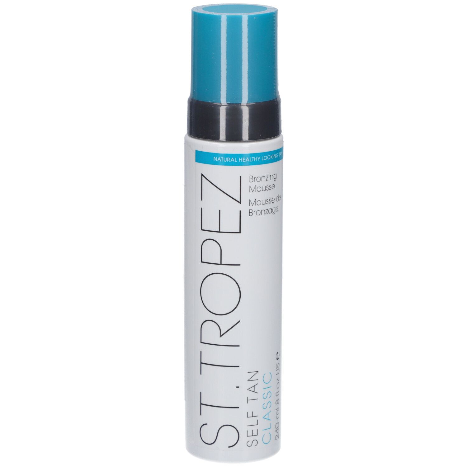 Weiß-blaue Flasche. Aufschrift: ST TROPEZ, SELF TAN CLASSIC, Bronzing Mousse. Blaue Kappe. 240 ml.