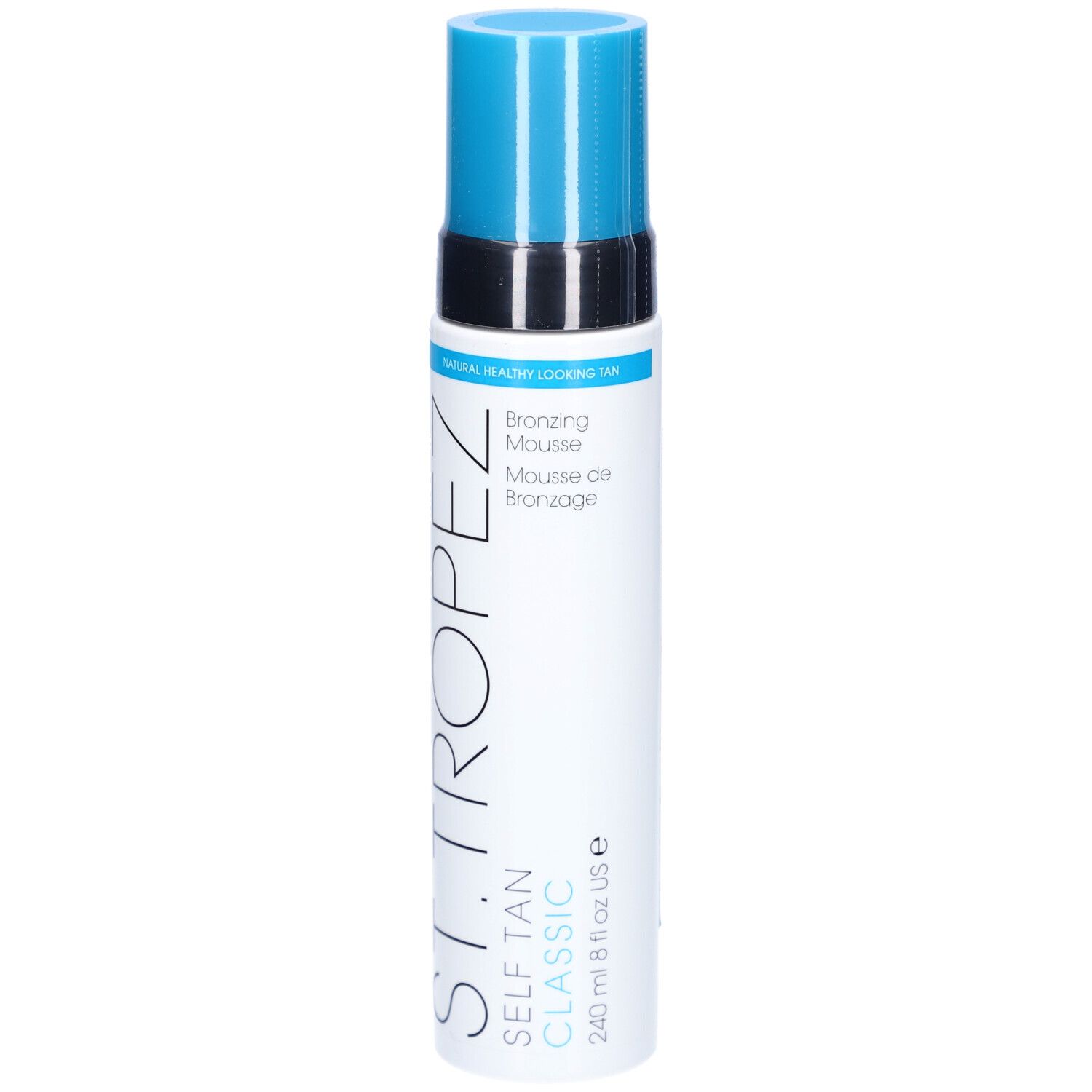 Weiß-blaue Flasche. Aufschrift: ST TROPEZ, SELF TAN CLASSIC, Bronzing Mousse. Blaue Kappe. 240 ml.