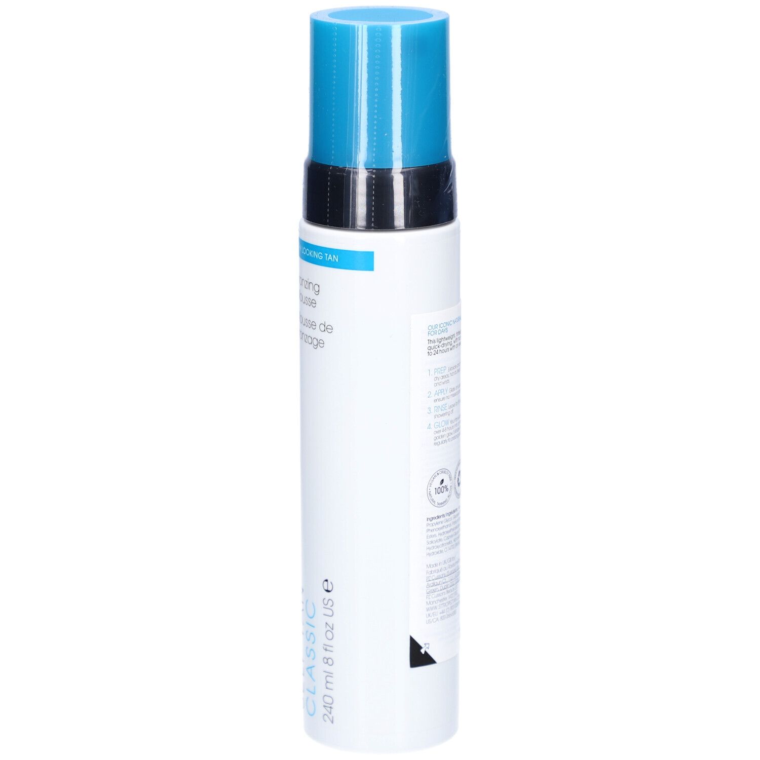 Weiße Flasche mit blauer Kappe. Aufschrift: ST TROPEZ, CLASSIC, Bronzing Mousse. 240 ml.