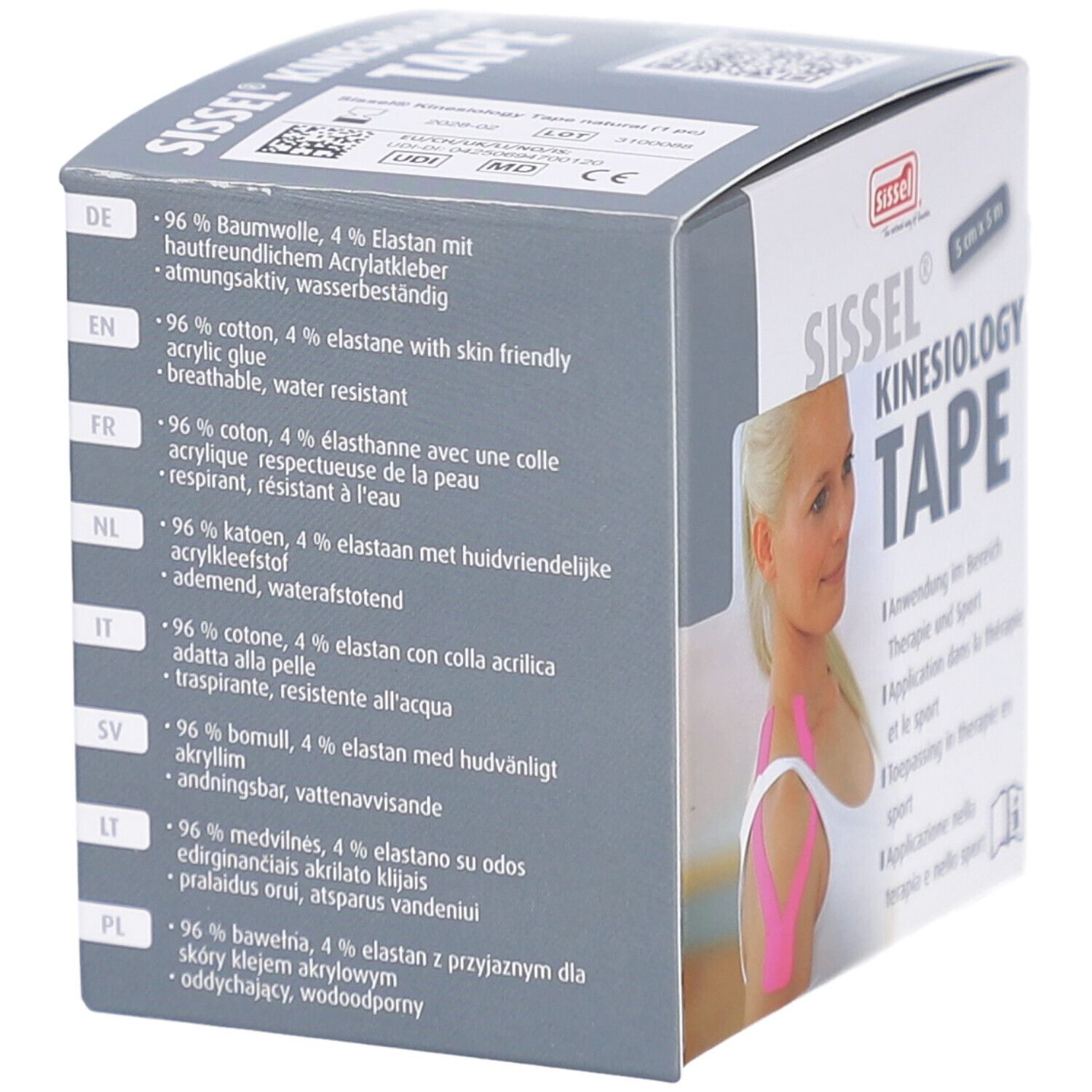 Dos de l'emballage du ruban de kinésiologie SISSEL. Description du produit en plusieurs langues. Informations sur les matériaux : coton, élasthanne, colle acrylique.