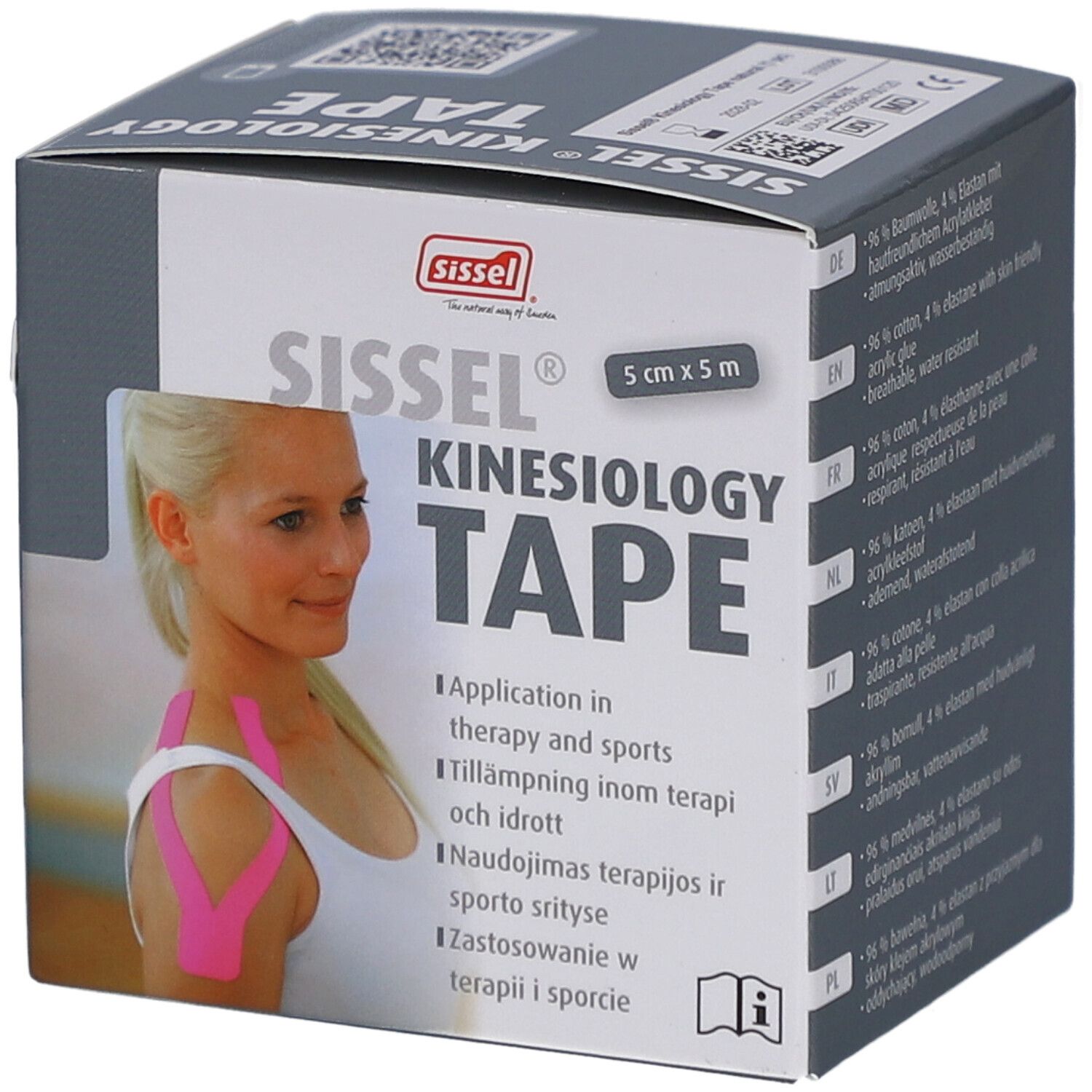 Emballage du ruban de kinésiologie SISSEL. Nom du produit et taille (5 cm x 5 m) clairement visibles. Exemple d'application sur l'emballage.