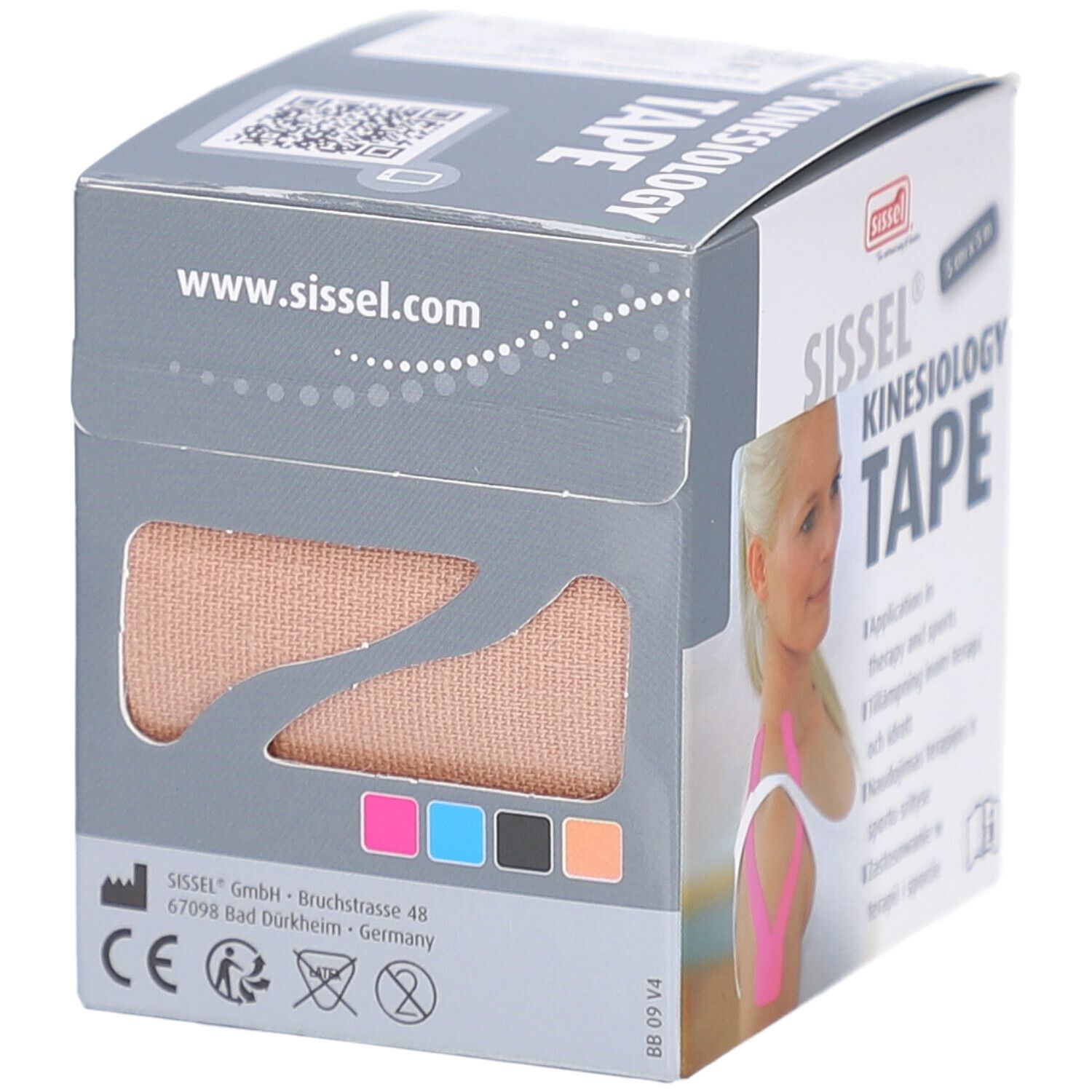 Ruban de kinésiologie SISSEL, beige. Emballage avec sélection de couleurs. Marque et nom du produit clairement visibles. Vue du produit.