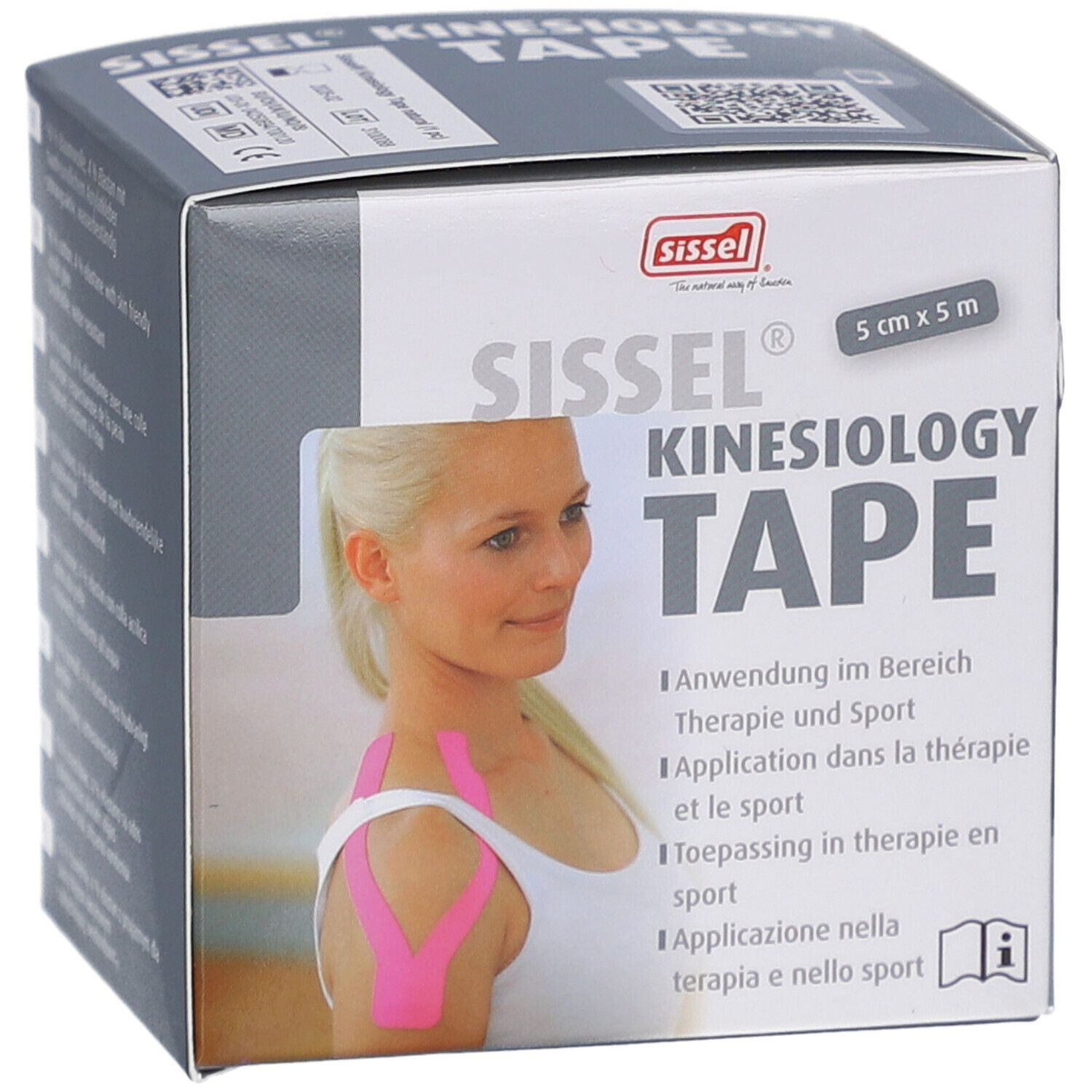 Emballage du ruban de kinésiologie SISSEL. Nom du produit et taille (5 cm x 5 m) clairement visibles. Exemple d'application sur l'emballage.