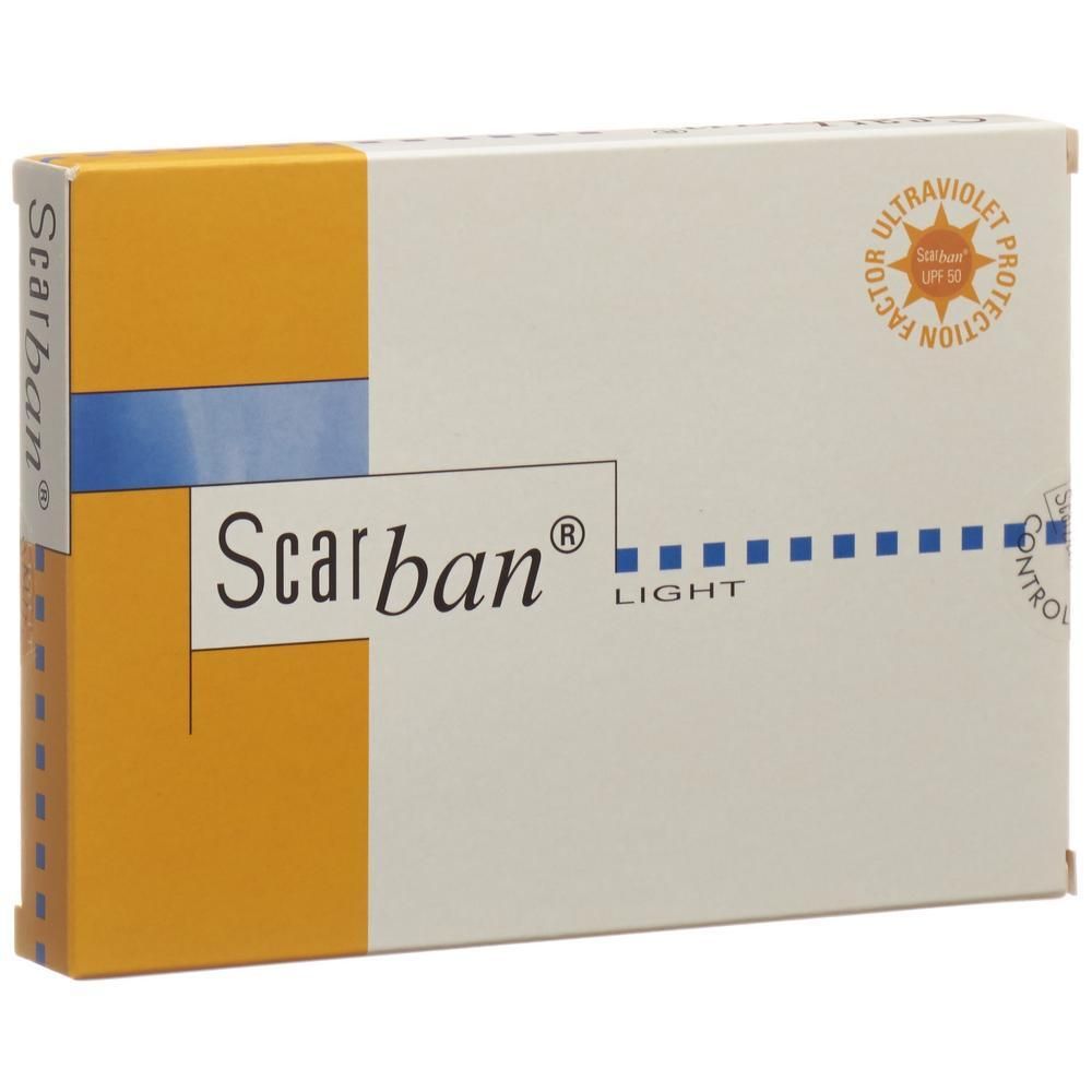 Emballage Scarban LIGHT. Logo de protection UV. Design jaune et blanc avec des accents bleus.