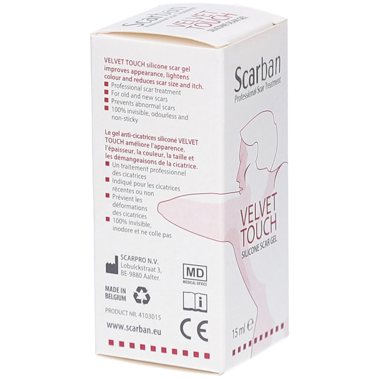 Dos de la boîte de SCARBAN Velvet Touch gel de silicone. Texte multilingue, informations fabricant, marquage CE.