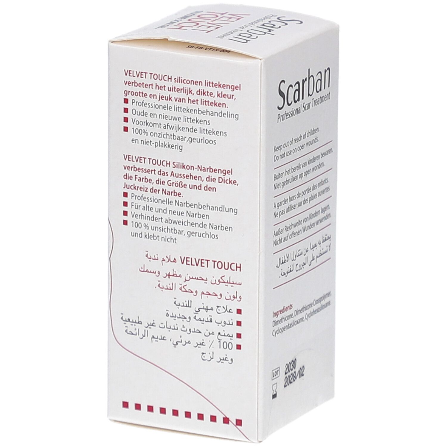 Côté de la boîte de SCARBAN Velvet Touch gel de silicone. Texte multilingue, numéro de lot, date de péremption.