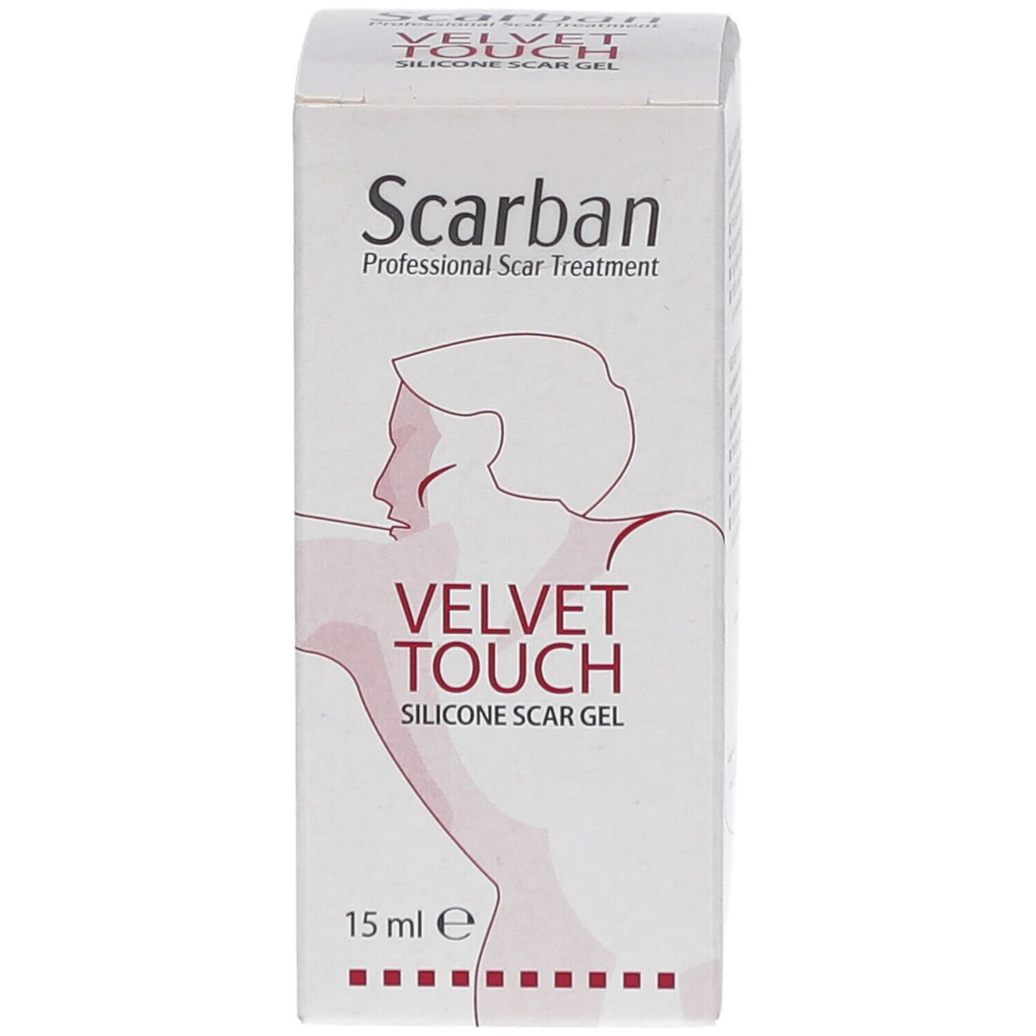 Face avant de la boîte de SCARBAN Velvet Touch gel de silicone. Nom du produit, 15 ml, illustration d'une femme.