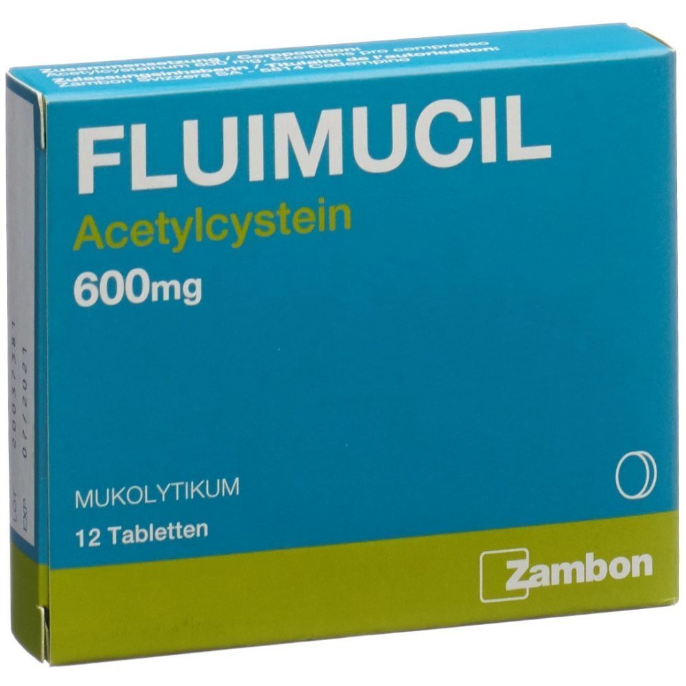 Blau-grüne Schachtel mit FLUIMUCIL-Aufschrift. Enthält Acetylcystein 600mg, 12 Tabletten. Marke Zambon.