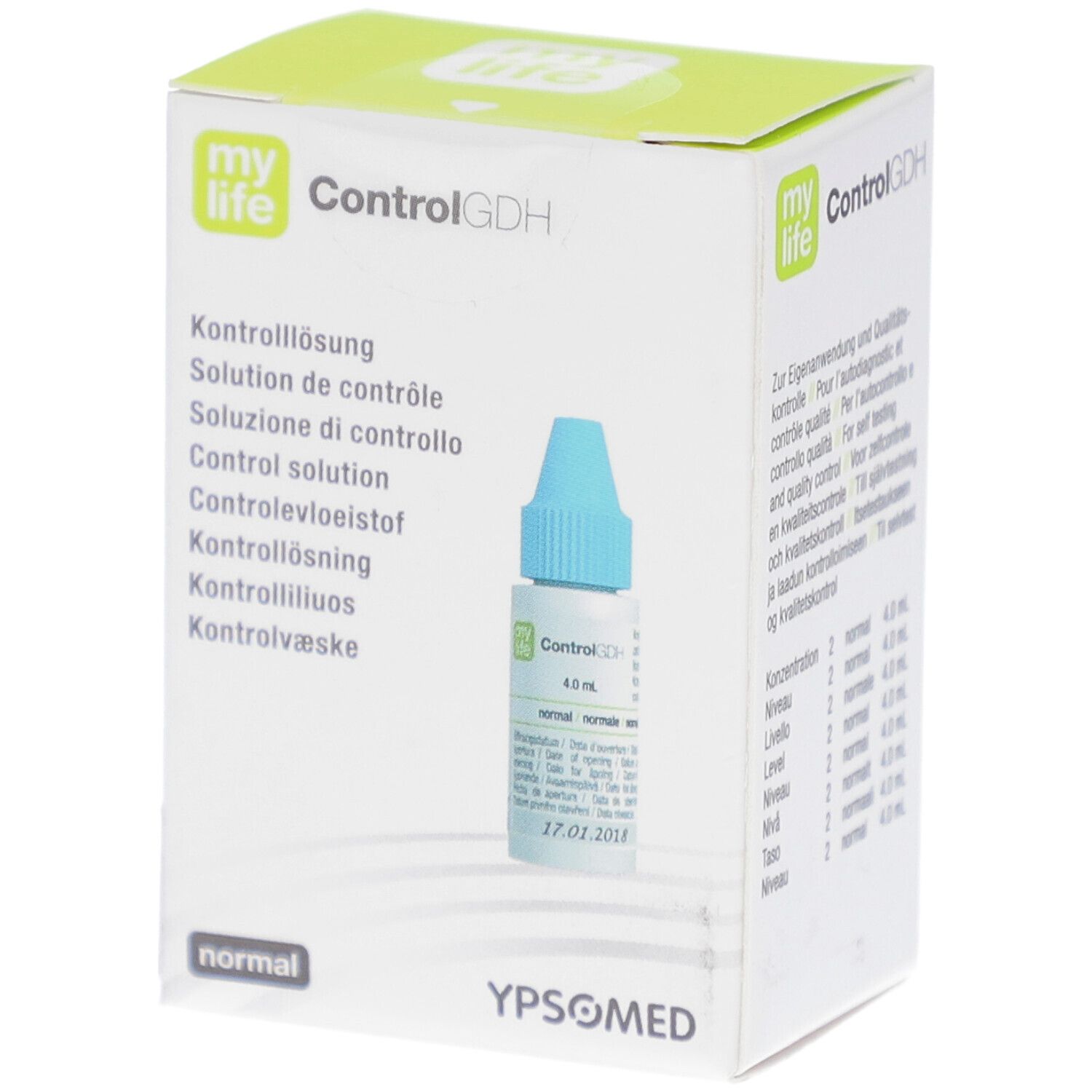 Boîte avec produit et flacon. Inscription : my life ControlGDH. Flacon avec bouchon bleu. Inscription : 4,0 ml.