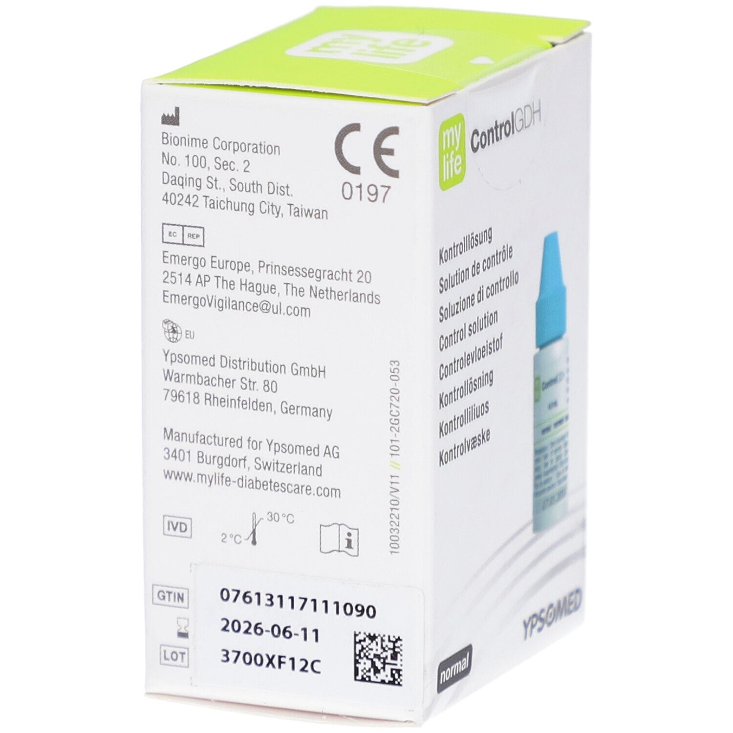 Dos de la boîte. Inscription : my life ControlGDH. Informations sur le fabricant, le numéro de lot, la date d'expiration et le marquage CE.