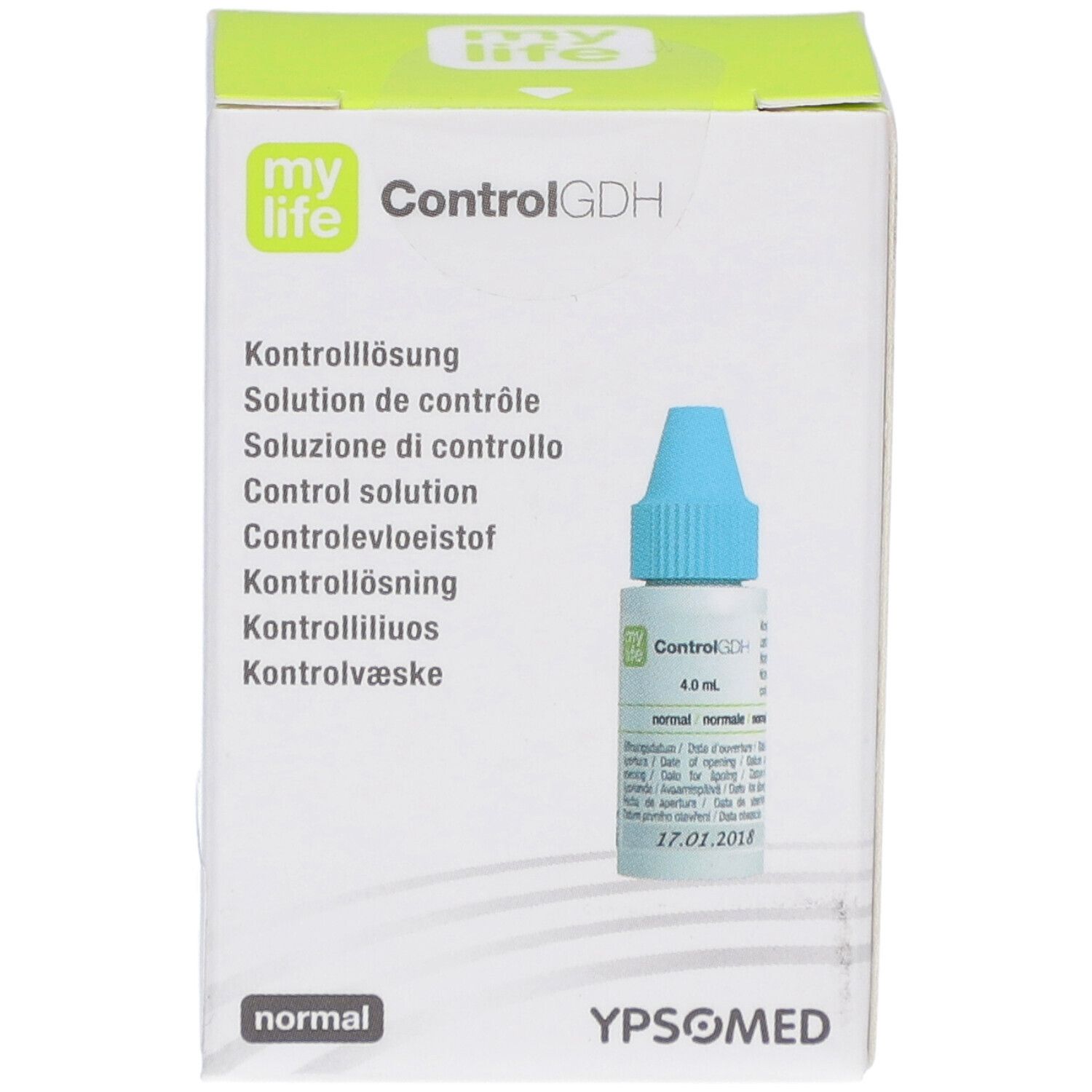 Boîte avec produit et flacon. Inscription : my life ControlGDH. Flacon avec bouchon bleu. Inscription : 4,0 ml.