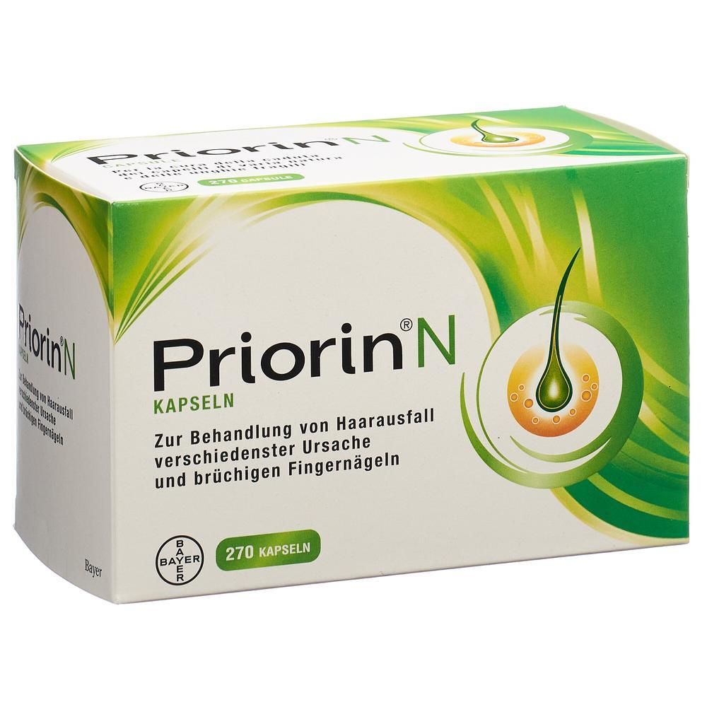 Karton mit Priorin N Kapseln. Aufschrift: Priorin N, Kapseln, 270 Kapseln. Bayer-Logo. Abbildung eines Haares.