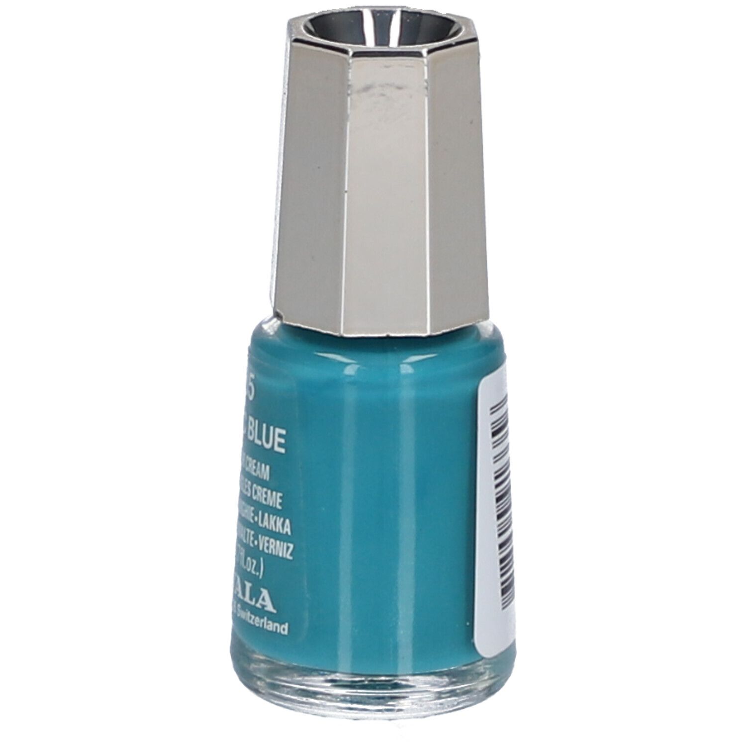 Flacon de vernis à ongles Pacific Blue, 5 ml. Bouchon argenté. Marque Mavala. Inscription : 335 Pacific Blue.