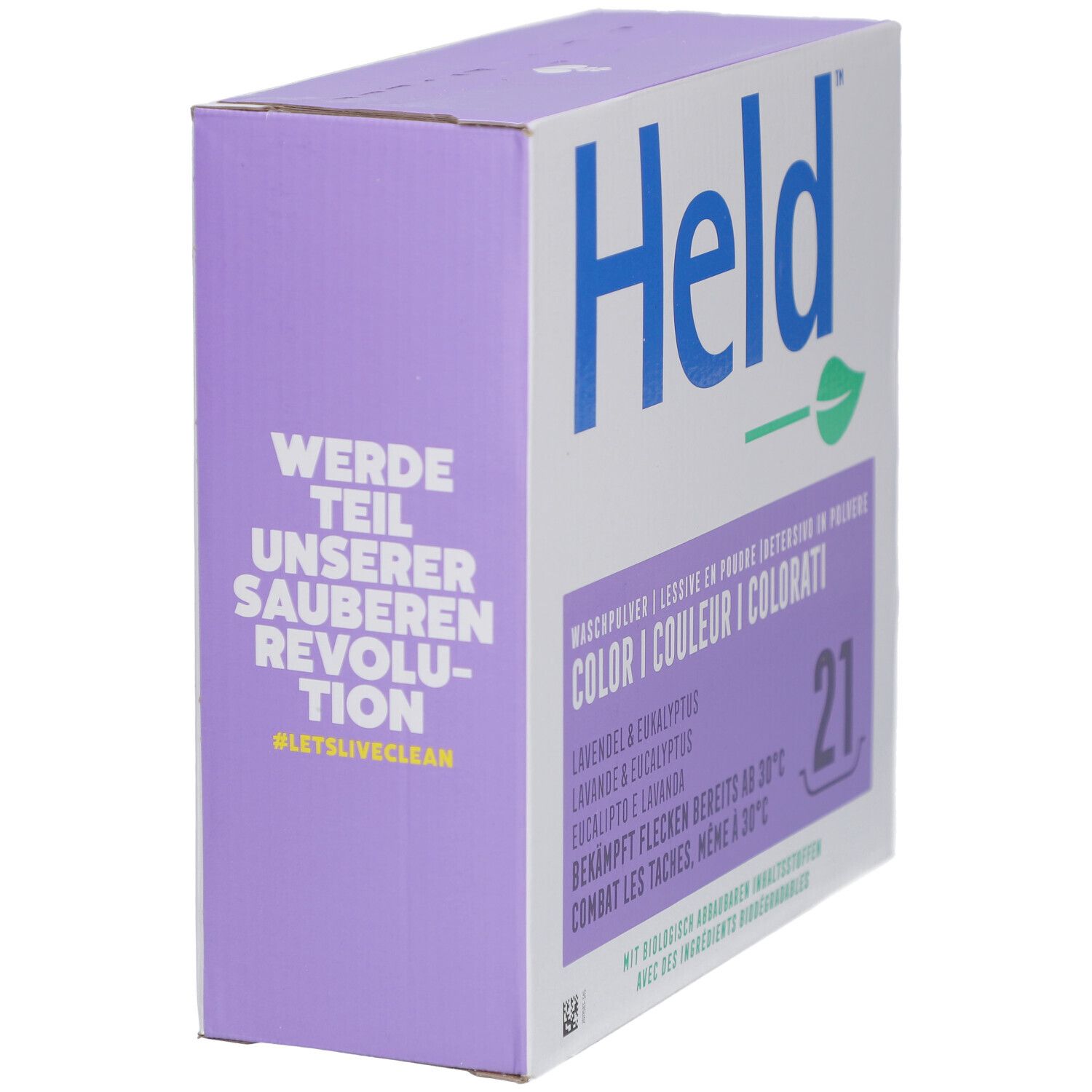 Held Waschpulver-Box, Seitenansicht. Farbe Lavendel & Eukalyptus. Text: Werde Teil unserer sauberen Revolution.