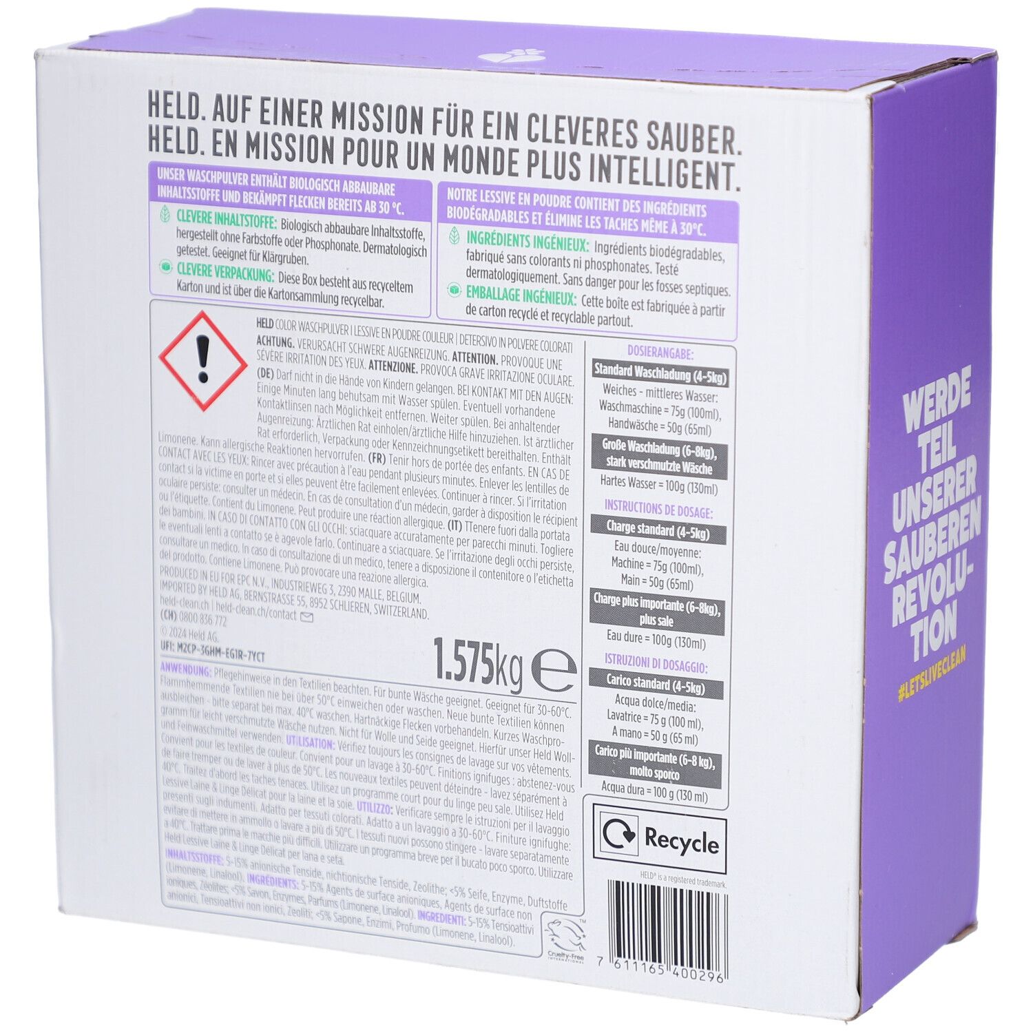 Rückseite der Held Waschpulver-Box. Enthält Produktinformationen, Inhaltsstoffe, Warnhinweise und Dosieranweisungen.