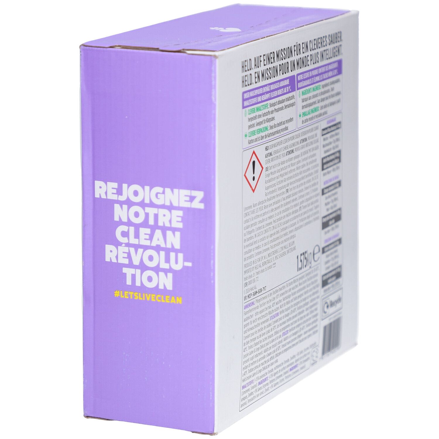 Seitenansicht der Held Waschpulver-Box. Text: Rejoignez notre clean révolution. Enthält Warnhinweis und Produktinformationen.