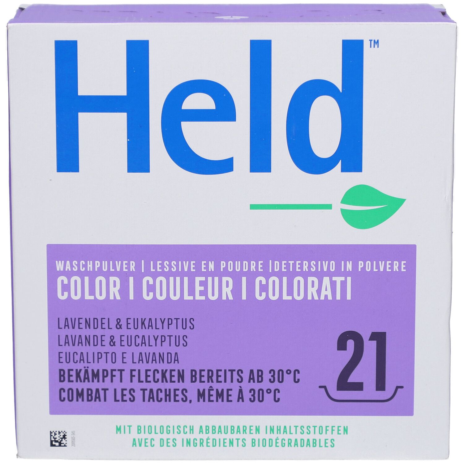 Vorderansicht der Held Waschpulver-Box. Farbe Lavendel & Eukalyptus. Enthält 21 Waschladungen. Produktinformationen.