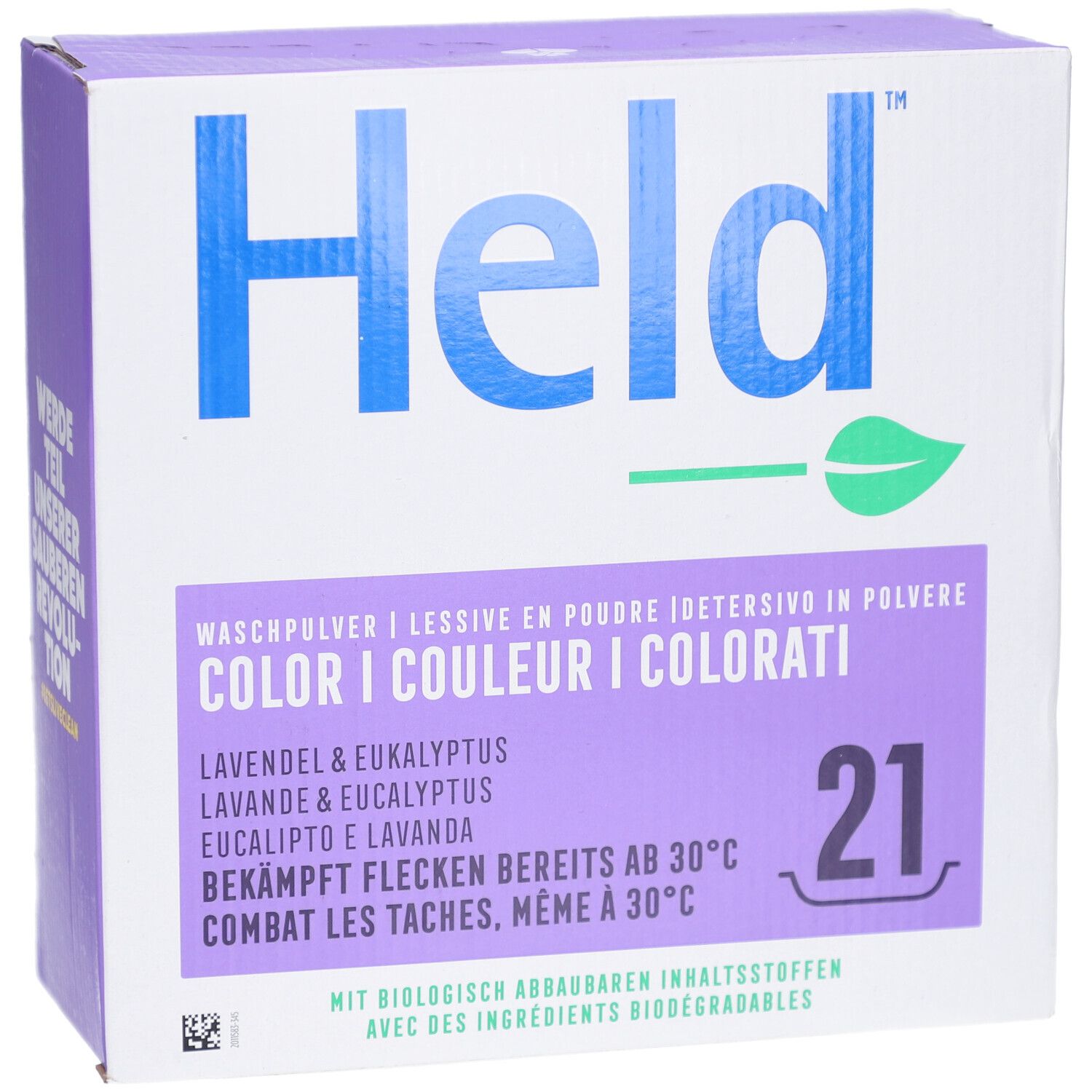Vorderansicht der Held Waschpulver-Box. Farbe Lavendel & Eukalyptus. Enthält 21 Waschladungen. Produktinformationen.