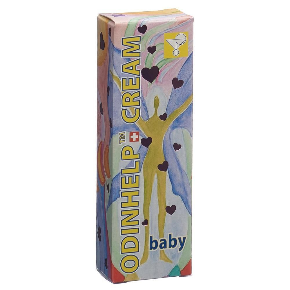 ODINHELP CREAM baby Umverpackung mit bunten abstrakten Mustern und Herzen.