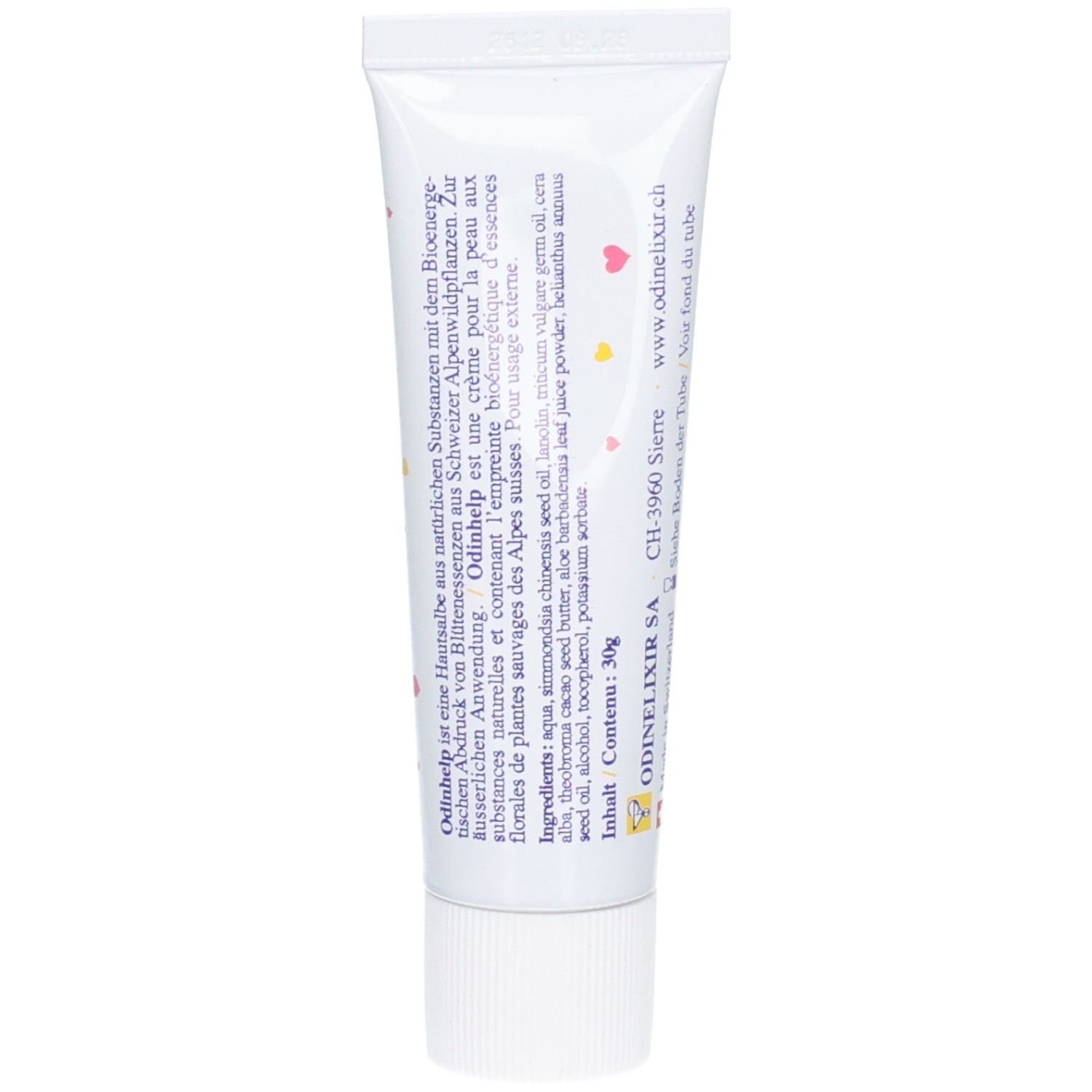 ODINHELP CREAM baby Tube mit Informationen und Website-Adresse.