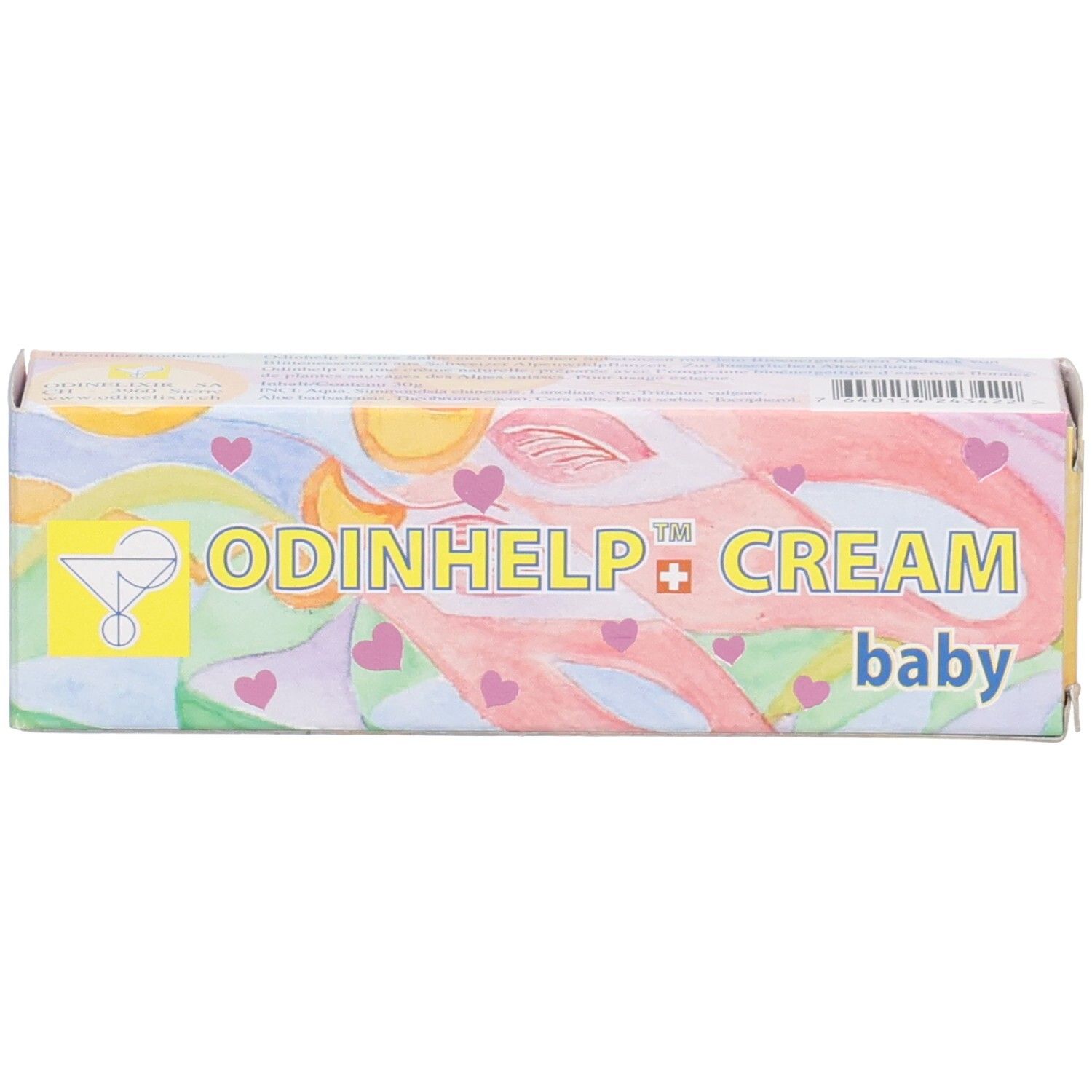 ODINHELP CREAM baby Umverpackung mit abstrakten Mustern und Herzen.