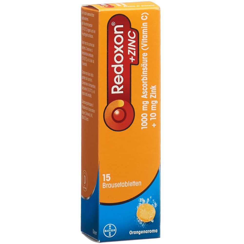 Orangefarbene Schachtel mit Produktnamen Redoxon + ZINC. Enthält 15 Brausetabletten. Aufschrift: 1000 mg Ascorbinsäure (Vitamin C) + 10 mg Zink.
