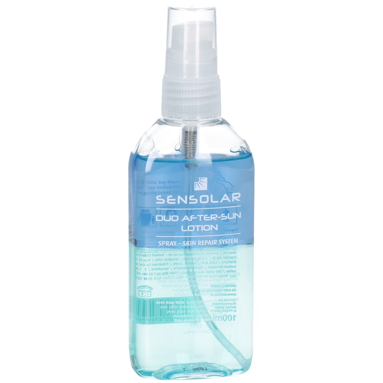 Transparente Flasche mit blauem und türkisem Inhalt. Aufschrift: Sensolar Duo After-Sun Lotion. Sprühkopf.
