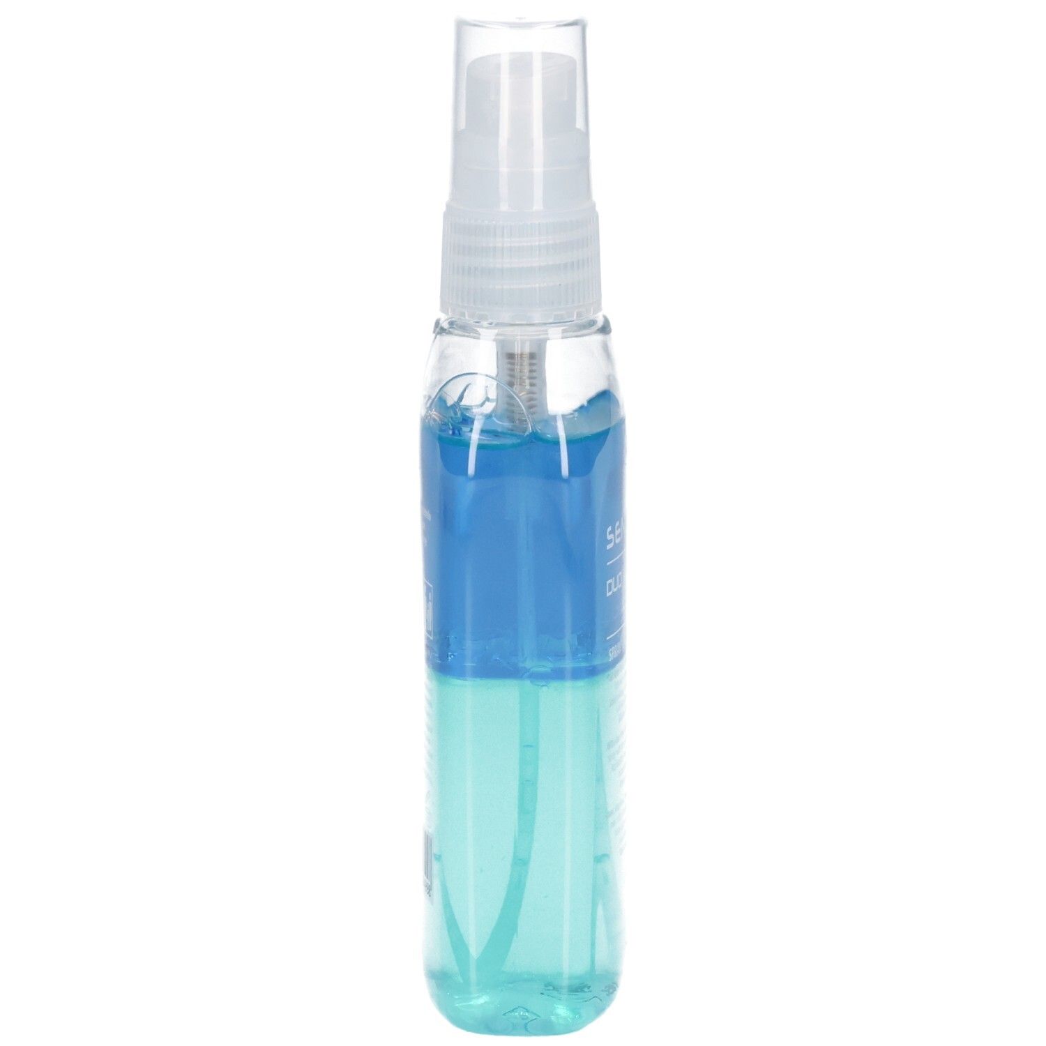 Klarer, zylindrischer Flakon mit blauem und türkisem Inhalt. Sprühkopf. Produktname nicht vollständig lesbar.