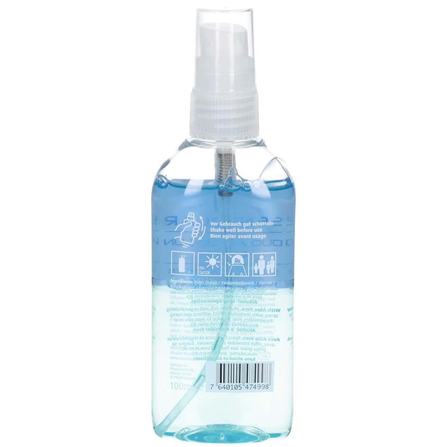 Transparente Flasche mit blauem und türkisem Inhalt. Aufschrift und Piktogramme auf der Rückseite. Sprühkopf.