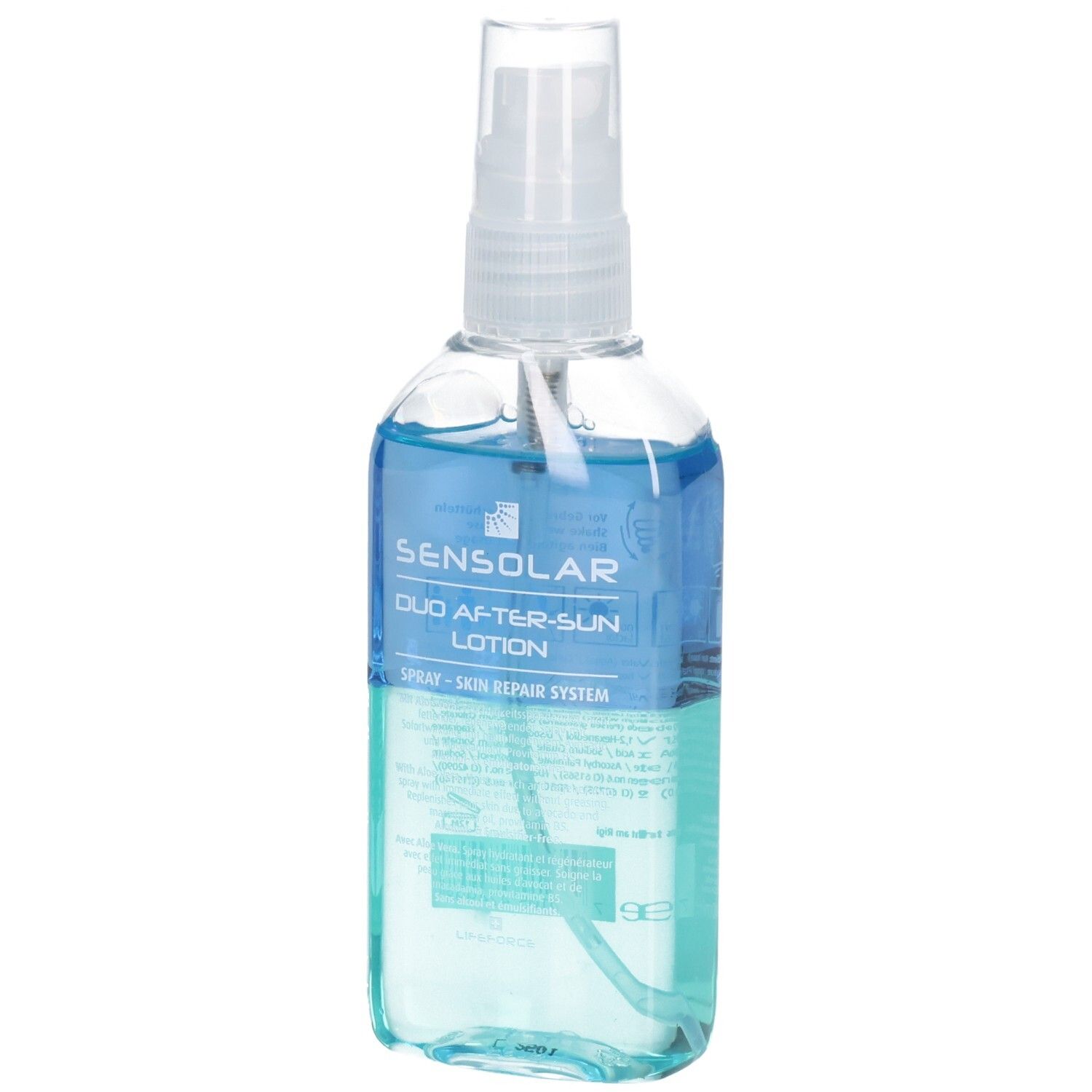 Transparente Flasche mit blauem und türkisem Inhalt. Aufschrift: Sensolar Duo After-Sun Lotion. Sprühkopf.