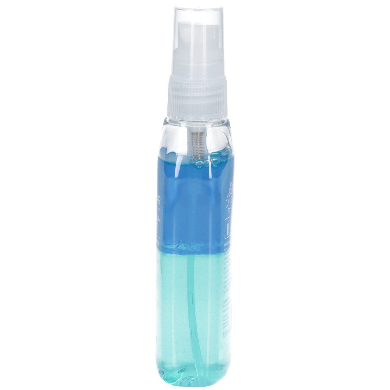 Klarer, zylindrischer Flakon mit blauem und türkisem Inhalt. Sprühkopf. Produktname nicht vollständig lesbar.