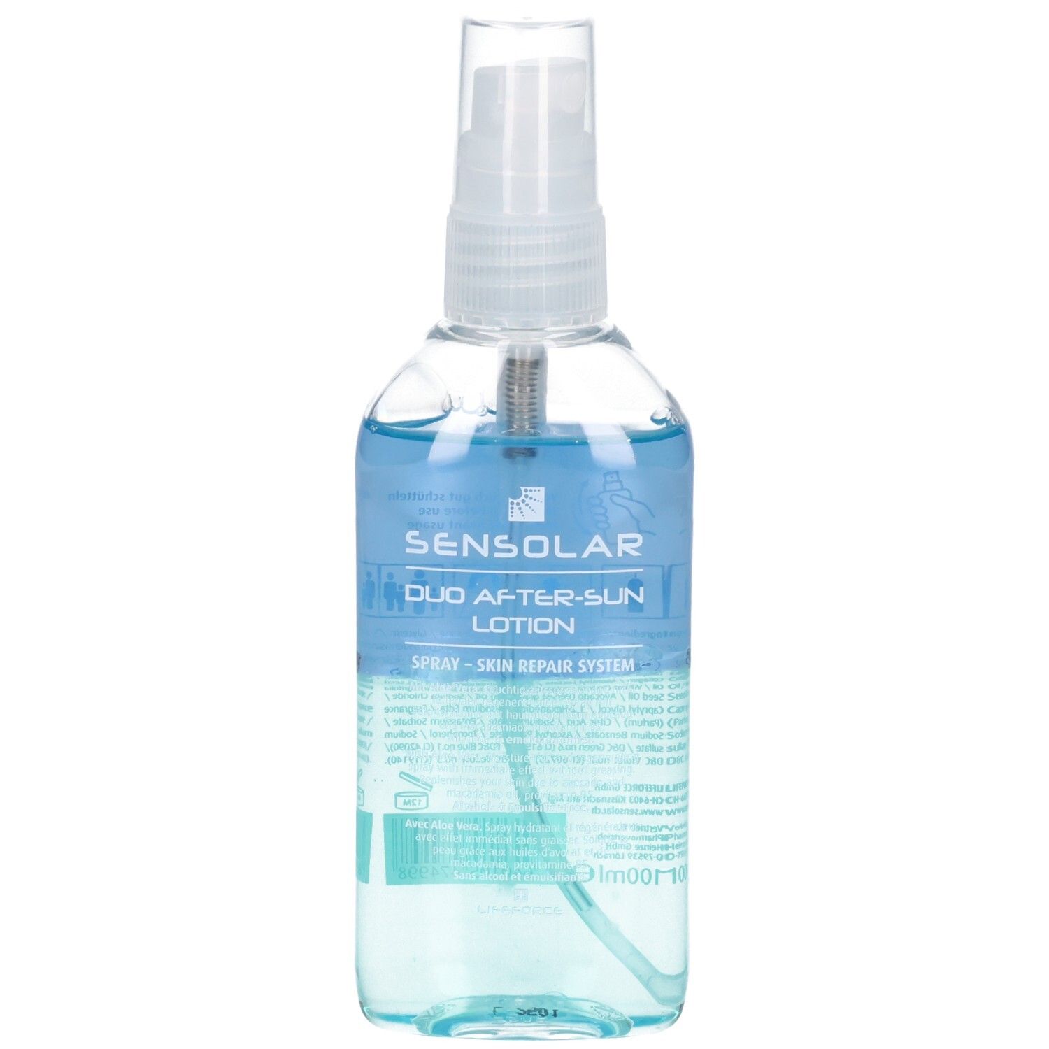 Transparente Flasche mit blauem und türkisem Inhalt. Aufschrift: Sensolar Duo After-Sun Lotion. Sprühkopf.