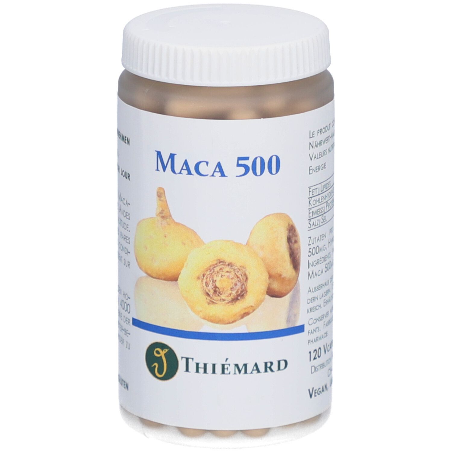 Weißes Kunststoffglas mit Deckel. Aufkleber mit Produktnamen: Maca 500. Abbildung von Maca-Knollen. Marke: THIÉMARD.