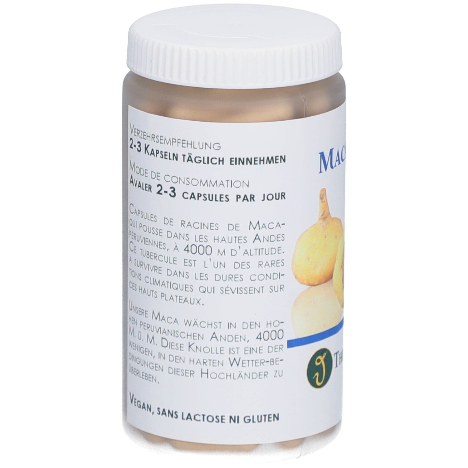 Weißes Kunststoffglas mit Deckel. Aufkleber mit Text: Verzehrempfehlung, 2-3 Kapseln täglich. Text über Maca-Wurzeln. Vegan, laktosefrei.