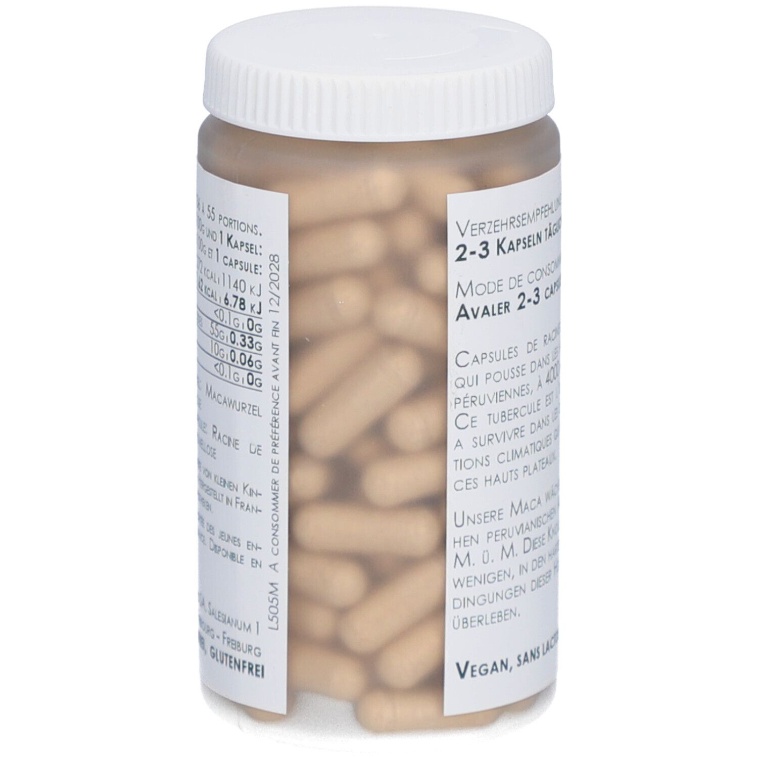 Durchsichtiges Kunststoffglas mit Deckel. Kapseln sichtbar. Text auf dem Etikett: Verzehrempfehlung, 2-3 Kapseln täglich. Vegan, laktosefrei.