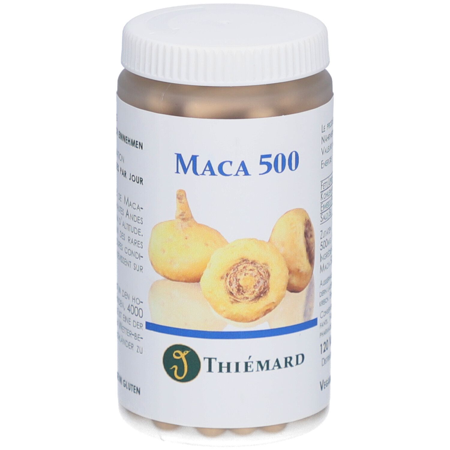 Weißes Kunststoffglas mit Deckel. Aufkleber mit Produktnamen: Maca 500. Abbildung von Maca-Knollen. Marke: THIÉMARD. 120 Vcaps.