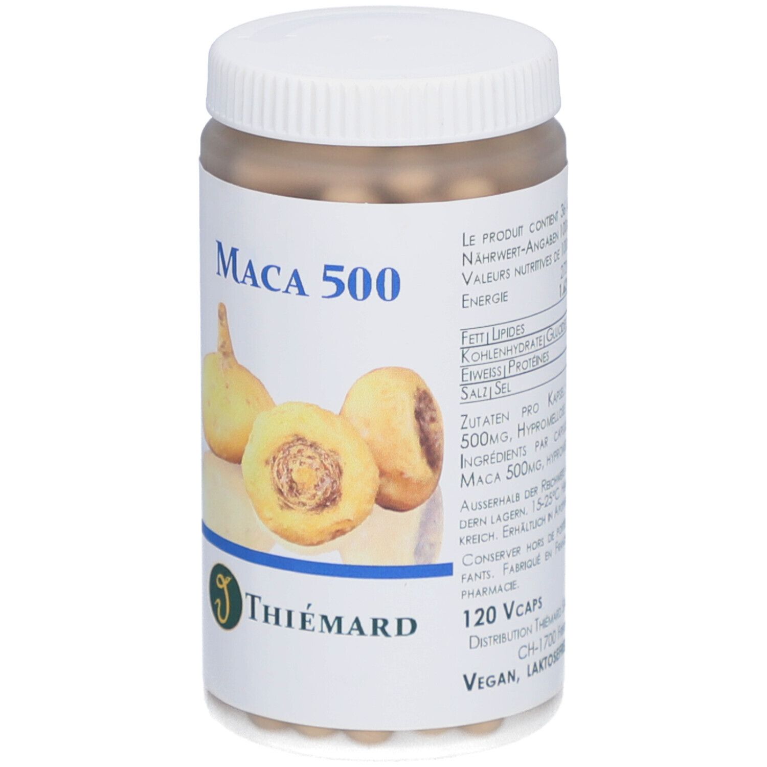 Weißes Kunststoffglas mit Deckel. Aufkleber mit Produktnamen: Maca 500. Nährwertangaben. Marke: THIÉMARD. 120 Vcaps. Vegan, laktosefrei.