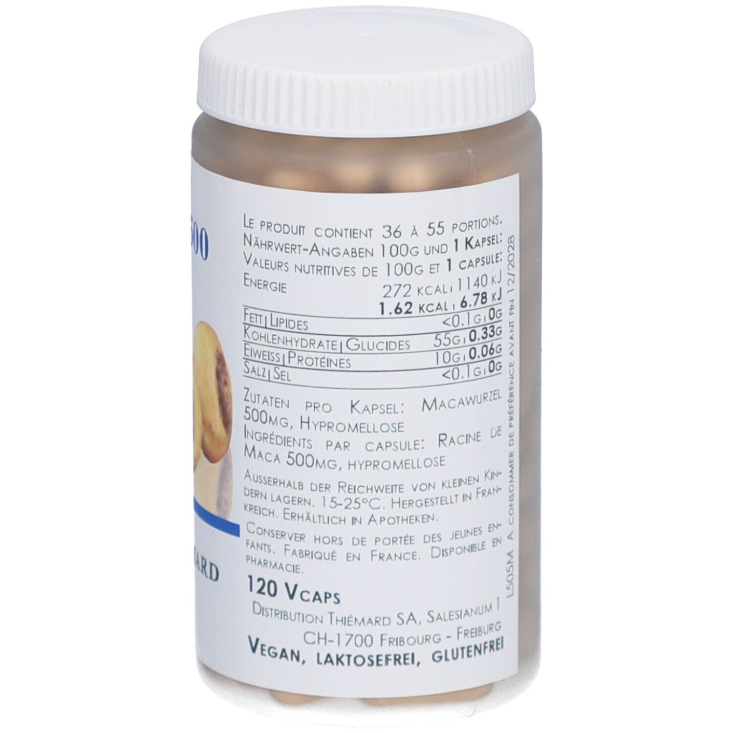 Weißes Kunststoffglas mit Deckel. Aufkleber mit Produktnamen: Maca 500. Nährwertangaben. Marke: THIÉMARD. 120 Vcaps. Vegan, laktosefrei.