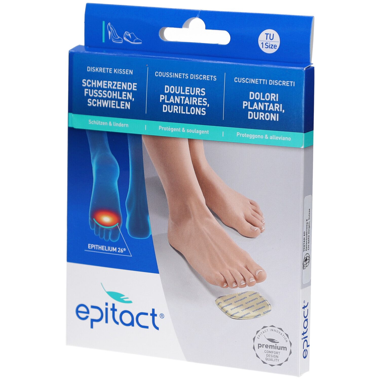 Verpackung mit EPITACT Diskrete Kissen. Text in Deutsch, Französisch und Italienisch. Füße und Produkt abgebildet.