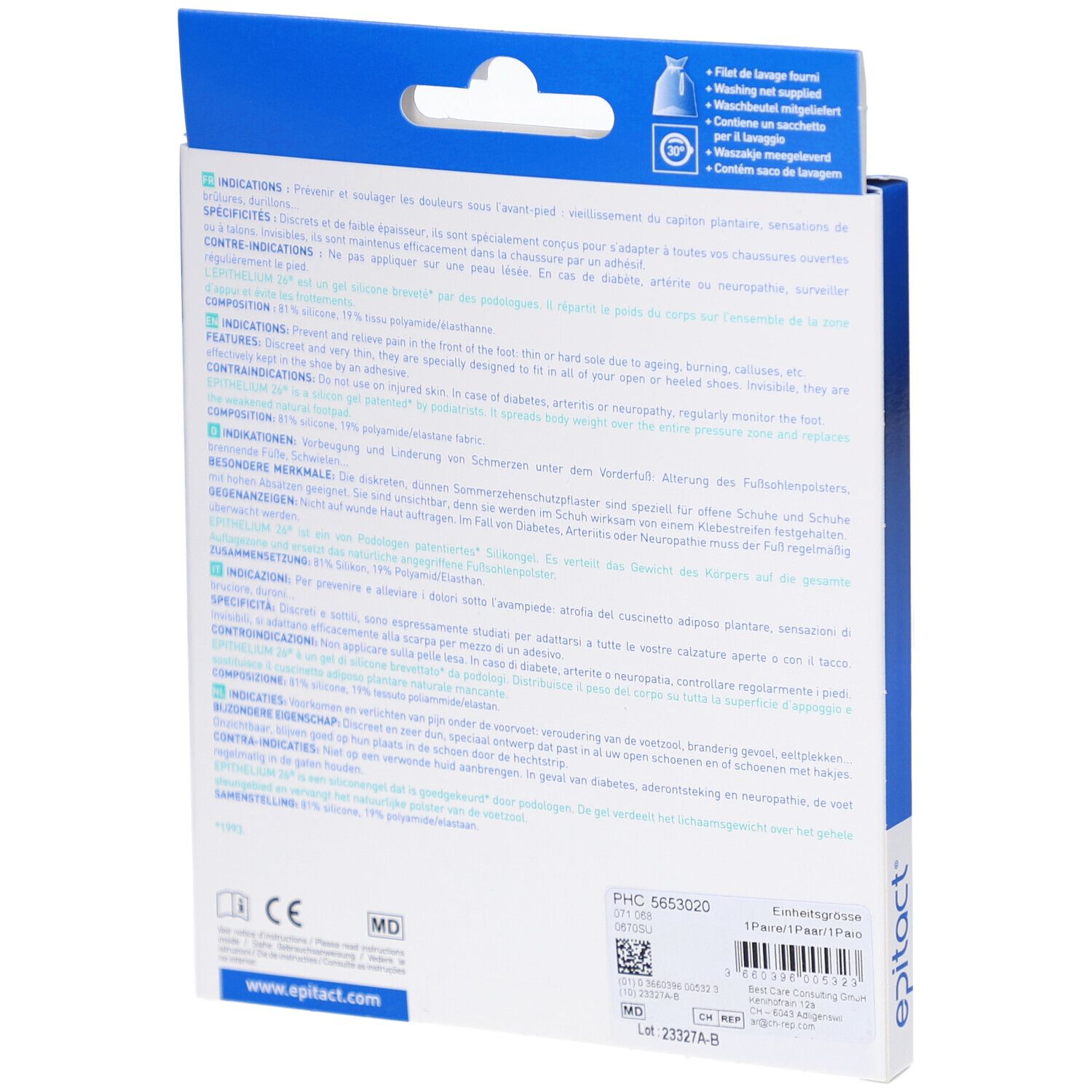 Rückseite der EPITACT-Verpackung. Text in mehreren Sprachen. Informationen zu Indikationen und Inhaltsstoffen.